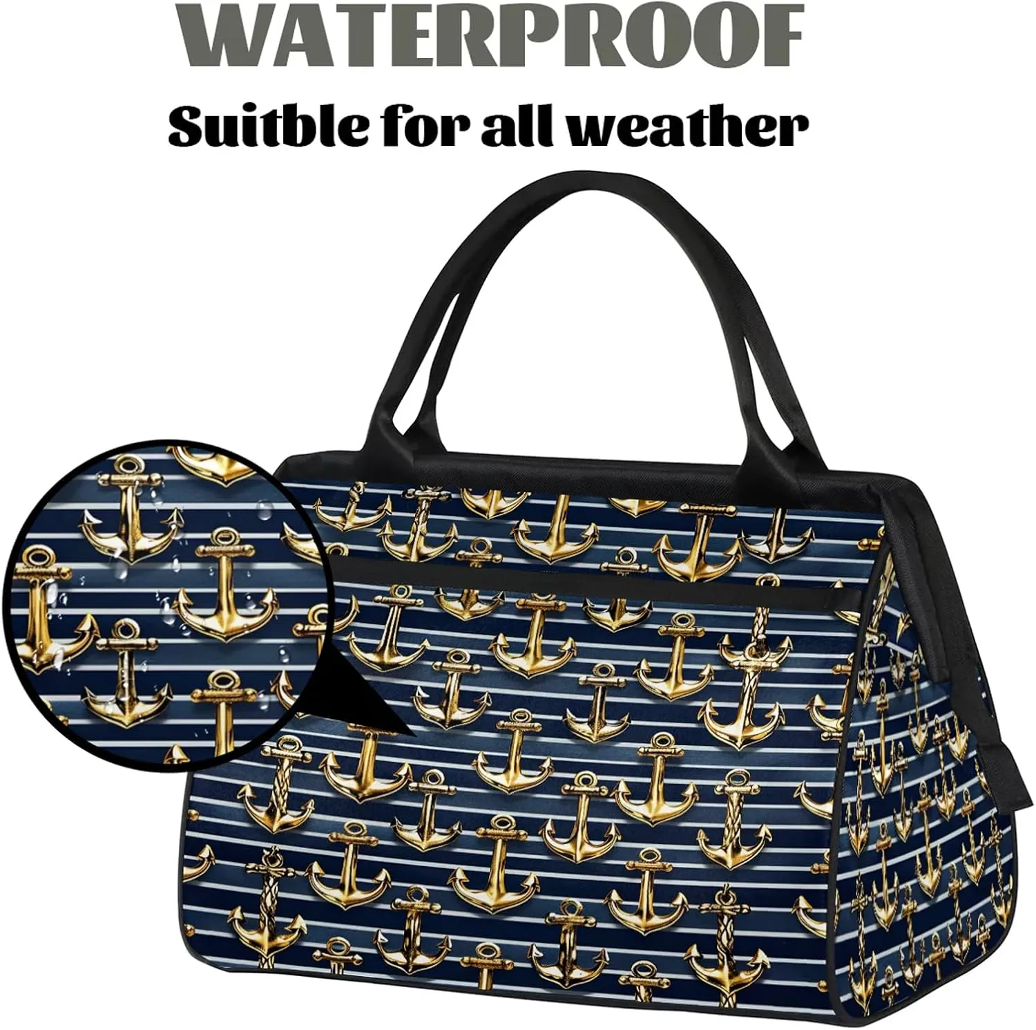 Gold Anchor Ocean Large Travel Duffel Bag Gym Tote Bag for Women Men Waterproof Weekend Overnight Bag Carry On Tote Luggage with Pocket Personal Item Bags Sports Bag fit Travel Sports Gym Yoga