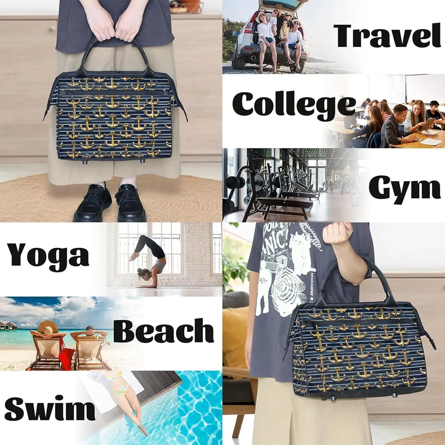 Gold Anchor Ocean Large Travel Duffel Bag Gym Tote Bag for Women Men Waterproof Weekend Overnight Bag Carry On Tote Luggage with Pocket Personal Item Bags Sports Bag fit Travel Sports Gym Yoga