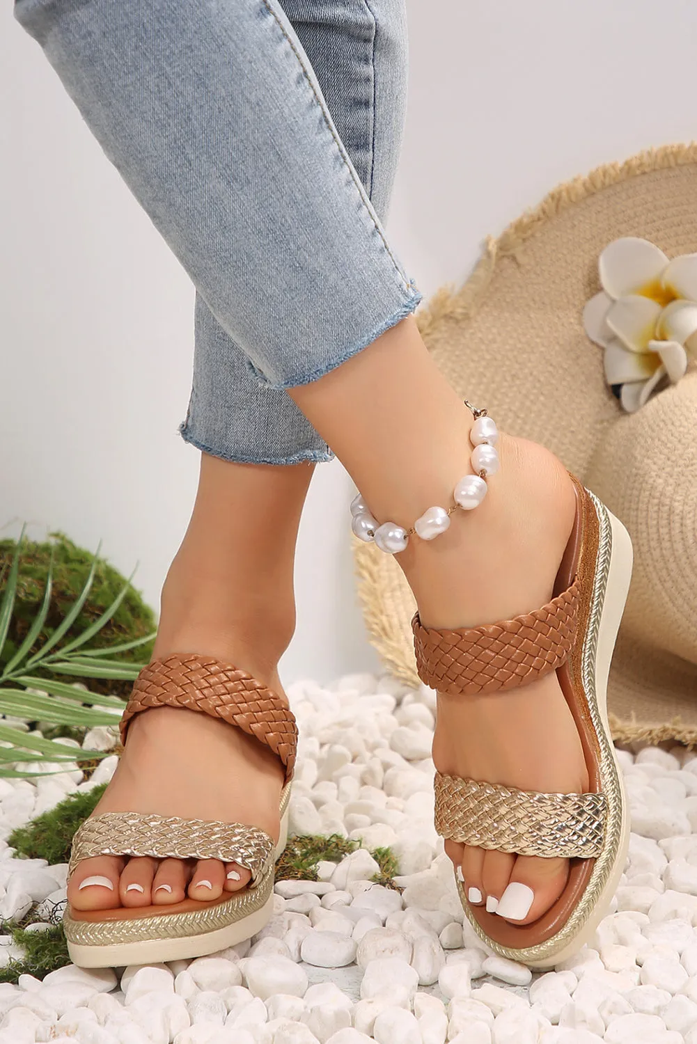 Gold Braided Dual Band PU Leather Wedge Slippers