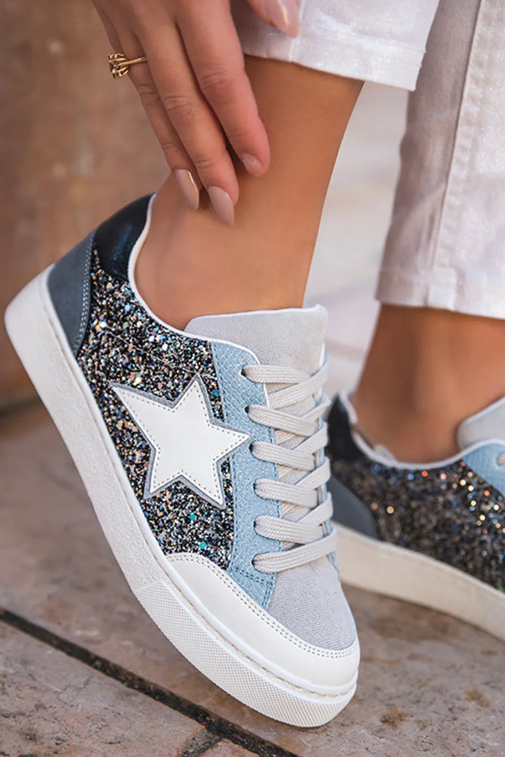 Gold Glitter Star Patchwork PU Leather Lace-up Sneakers