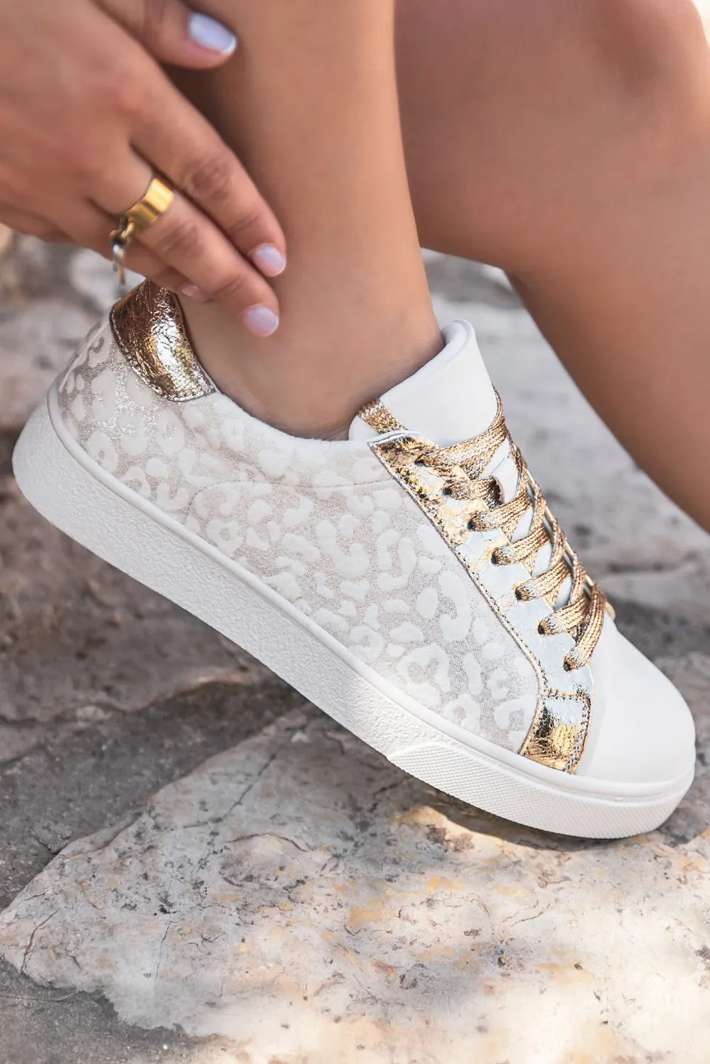 Gold Glitter Star Patchwork PU Leather Lace-up Sneakers
