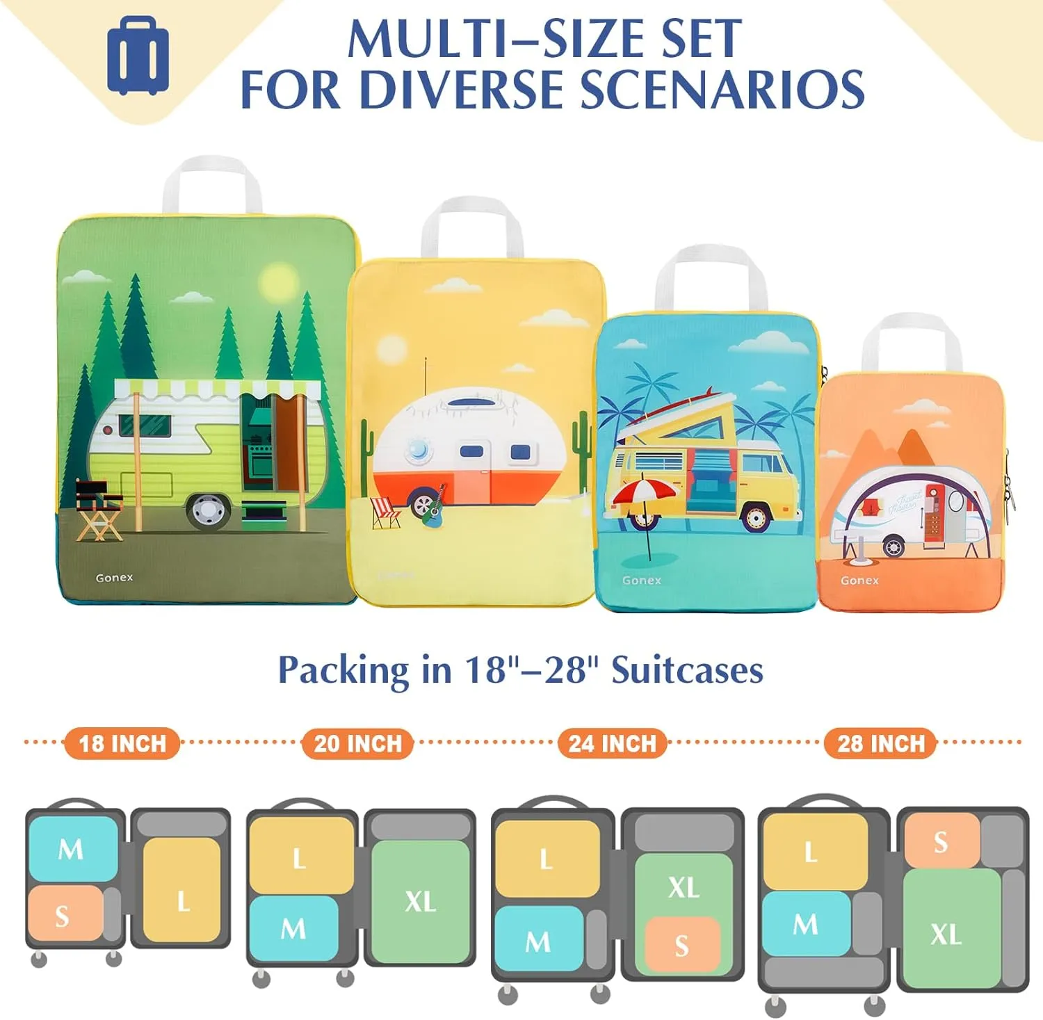 Gonex Compression Packing Cubes, 4pcs Expandable Storage Travel Luggage Bags Organizers, Travel Cubes for Suitcase Carry On (RV)