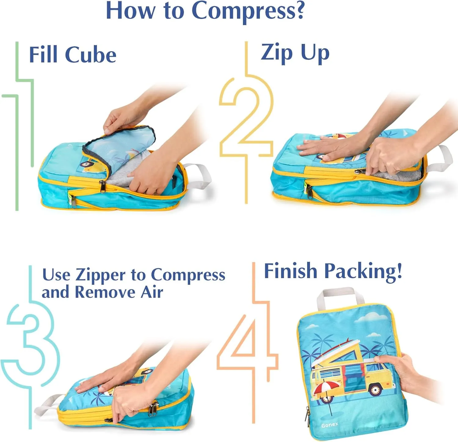 Gonex Compression Packing Cubes, 4pcs Expandable Storage Travel Luggage Bags Organizers, Travel Cubes for Suitcase Carry On (RV)
