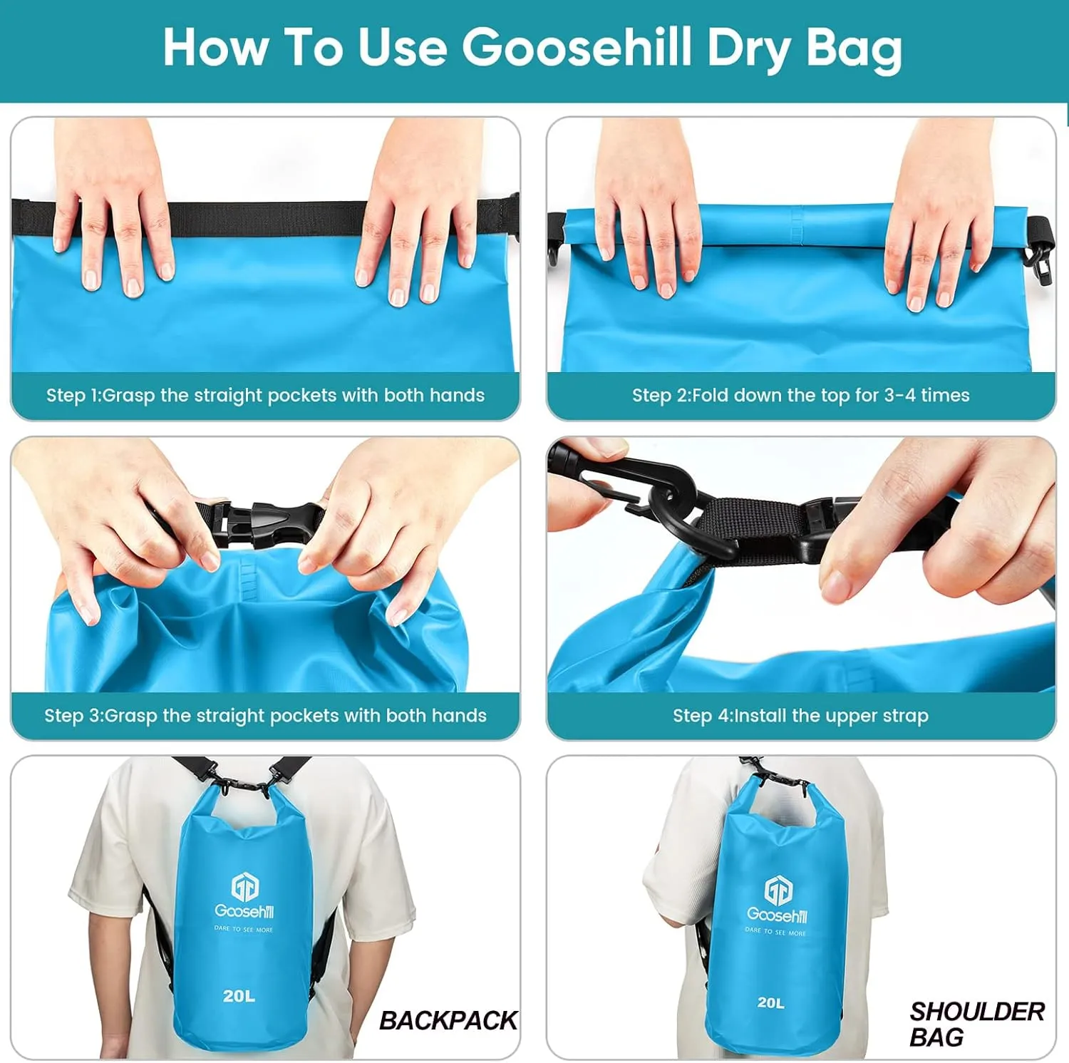 Goosehill Waterproof Bag 5L 10L 20L with Durable Plato 500D PVC Material, Floating Roll Top Dry Bag for Beach/Paddleboarding/Kayaking/Boating/Swimming/Fishing, 2 STRAPS