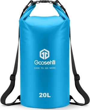 Goosehill Waterproof Bag 5L 10L 20L with Durable Plato 500D PVC Material, Floating Roll Top Dry Bag for Beach/Paddleboarding/Kayaking/Boating/Swimming/Fishing, 2 STRAPS
