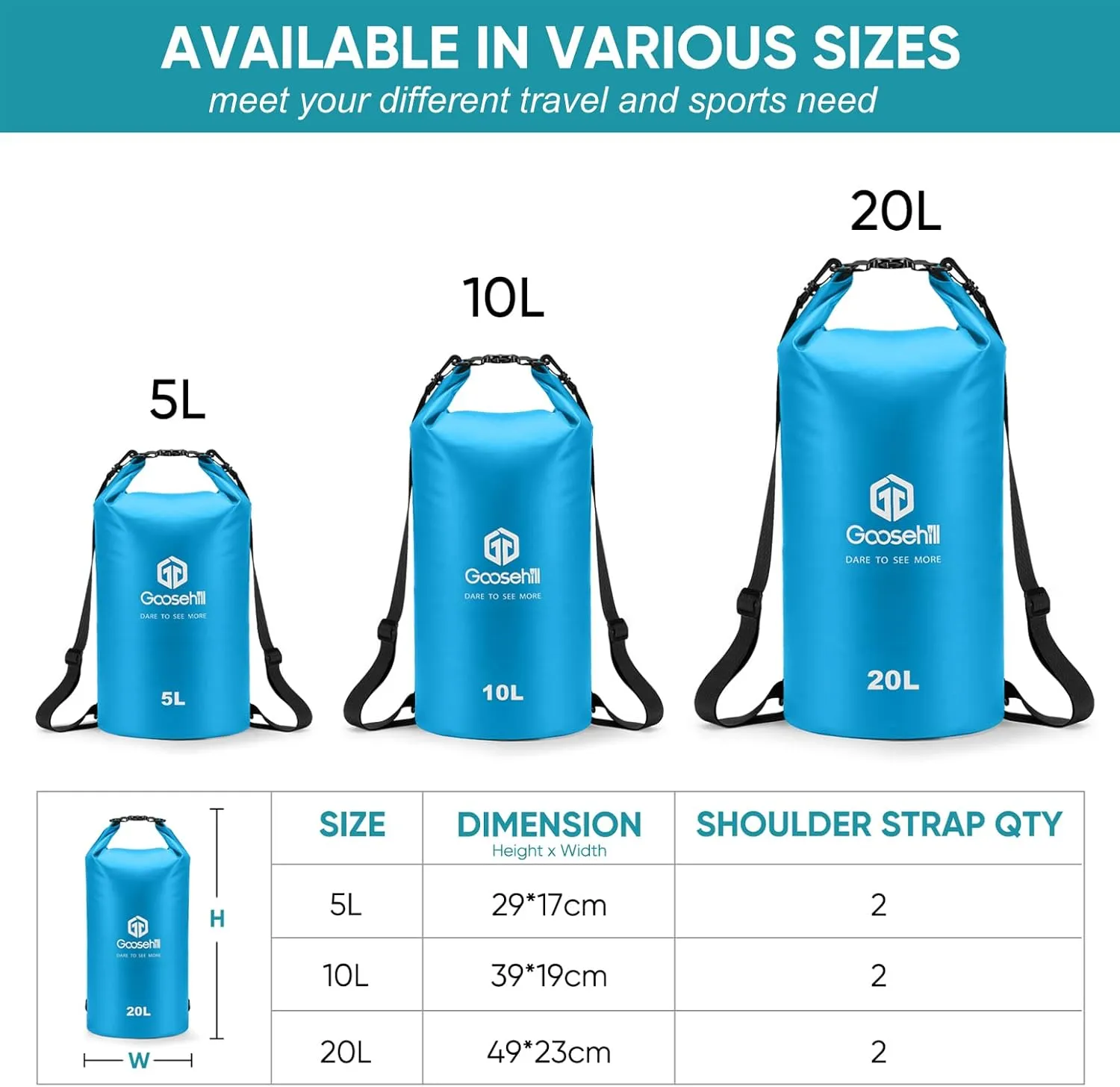 Goosehill Waterproof Bag 5L 10L 20L with Durable Plato 500D PVC Material, Floating Roll Top Dry Bag for Beach/Paddleboarding/Kayaking/Boating/Swimming/Fishing, 2 STRAPS