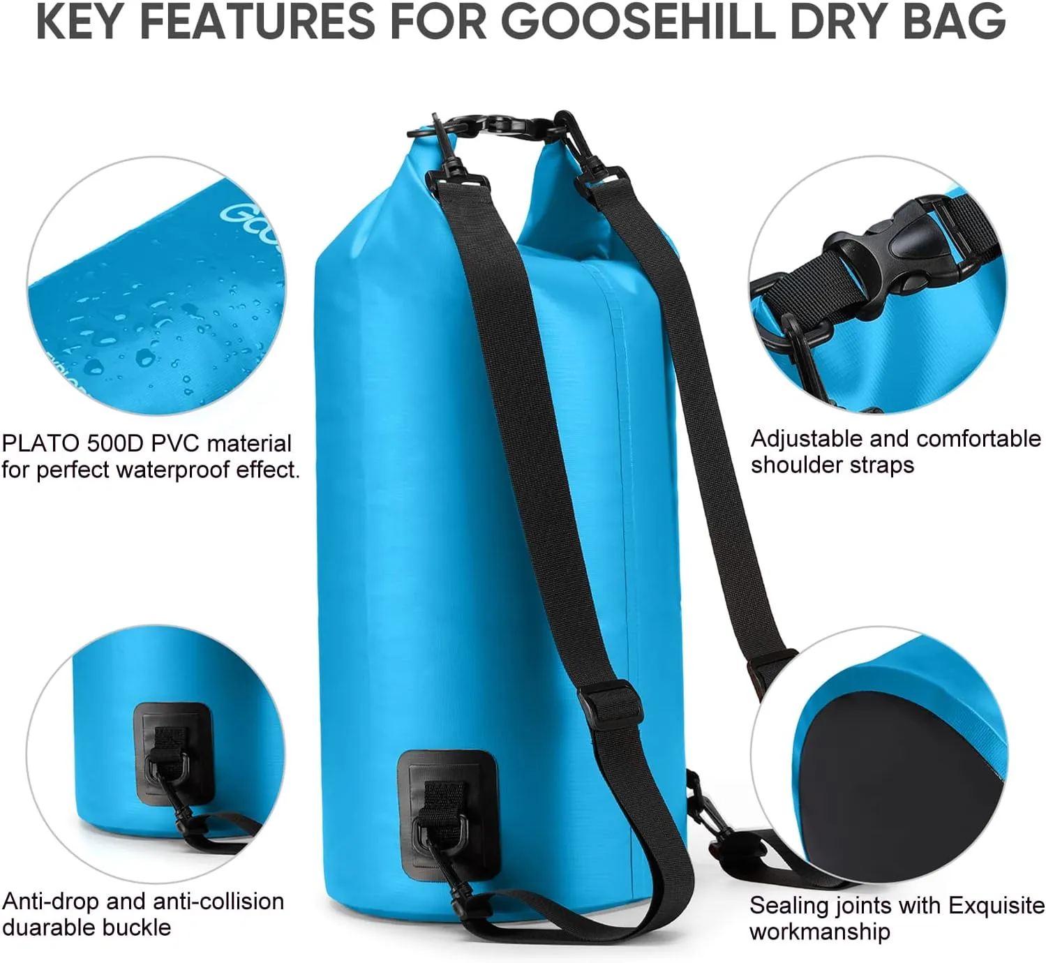 Goosehill Waterproof Bag 5L 10L 20L with Durable Plato 500D PVC Material, Floating Roll Top Dry Bag for Beach/Paddleboarding/Kayaking/Boating/Swimming/Fishing, 2 STRAPS