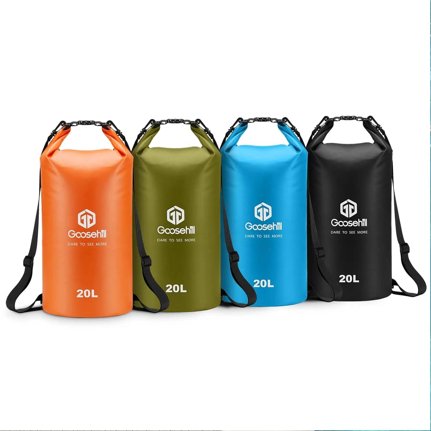 Goosehill Waterproof Bag 5L 10L 20L with Durable Plato 500D PVC Material, Floating Roll Top Dry Bag for Beach/Paddleboarding/Kayaking/Boating/Swimming/Fishing, 2 STRAPS