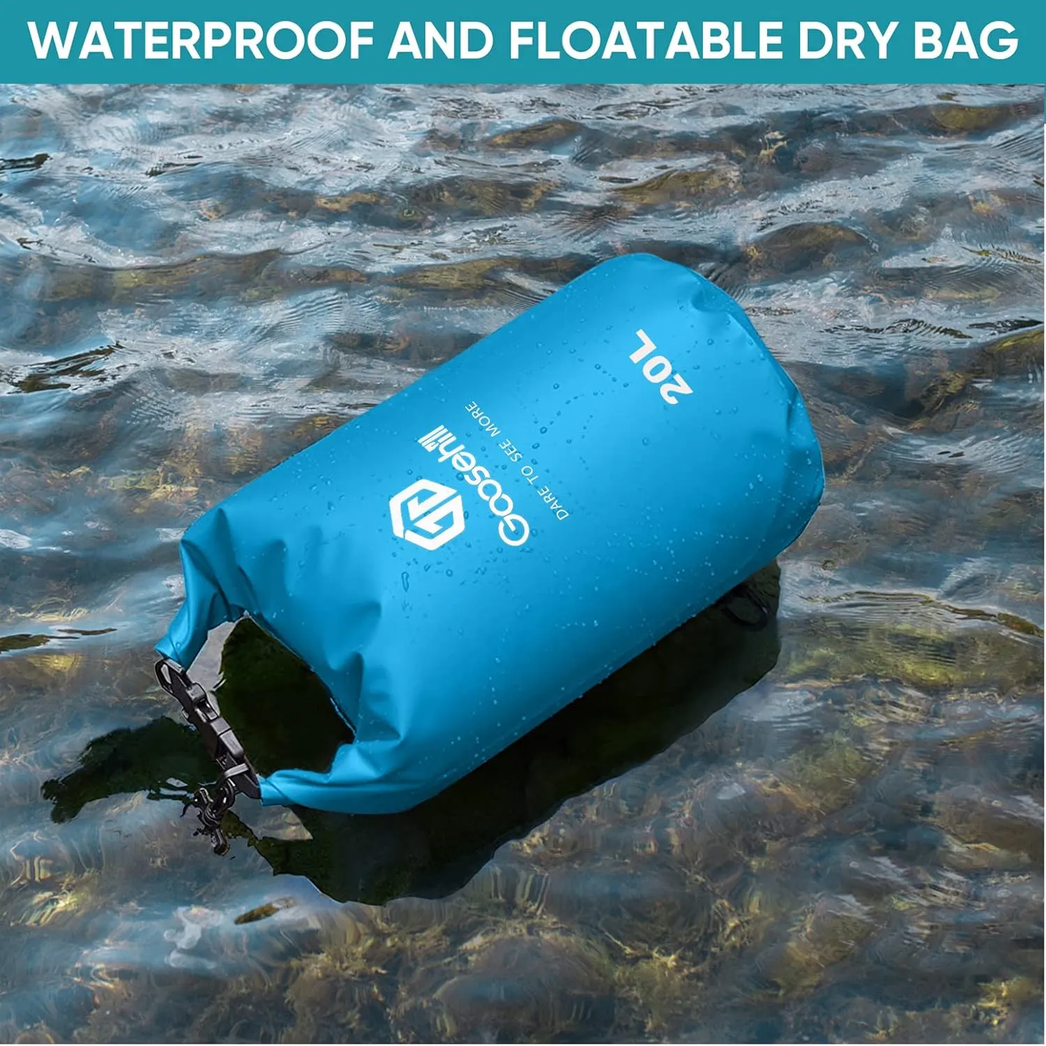 Goosehill Waterproof Bag 5L 10L 20L with Durable Plato 500D PVC Material, Floating Roll Top Dry Bag for Beach/Paddleboarding/Kayaking/Boating/Swimming/Fishing, 2 STRAPS