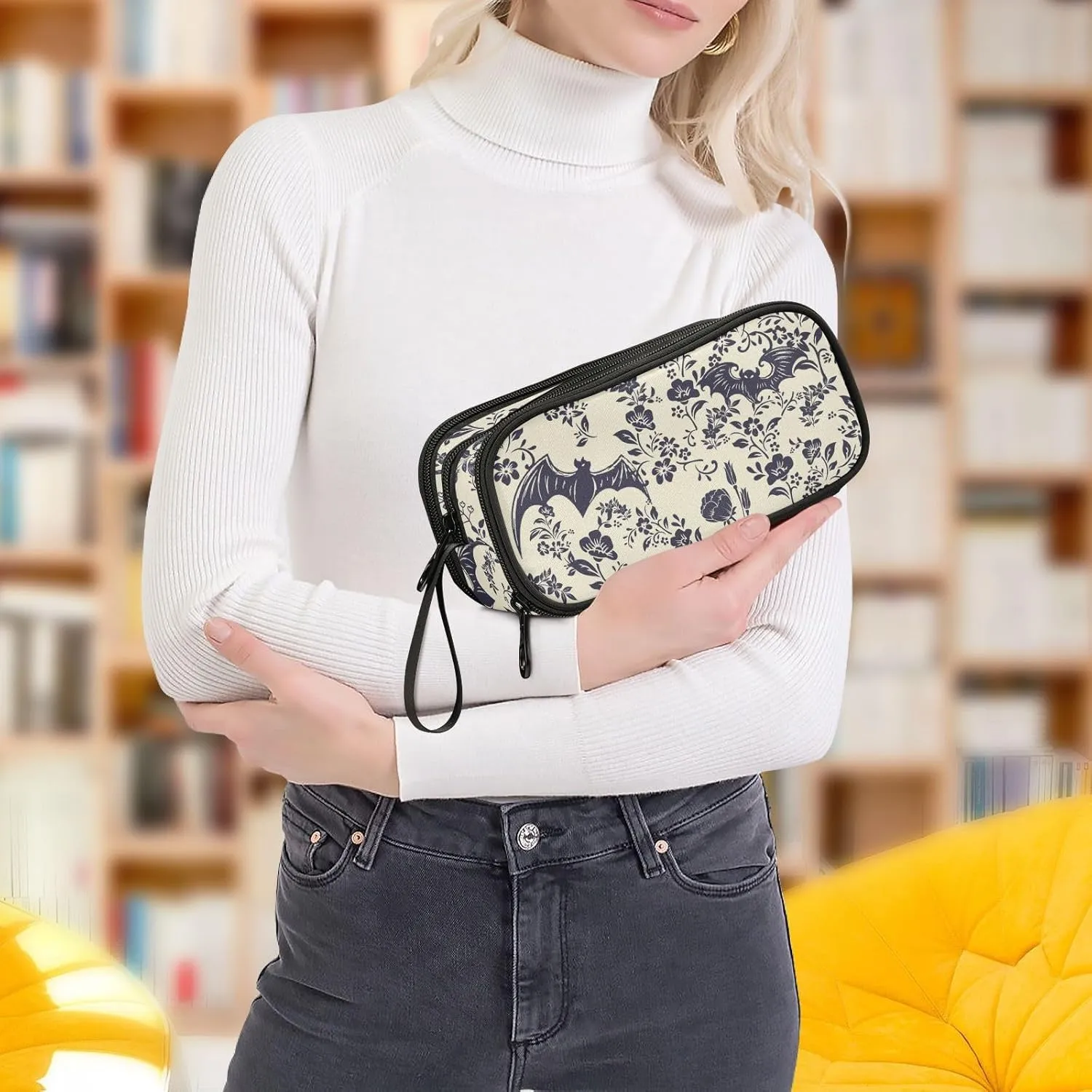 Goth Bat Flowers Large Capacity Pencil Case Pencil Pouch Office School Large Storage Pen Bag 3 Compartment pencil box for Adults School Teen Girl Boy Men Women