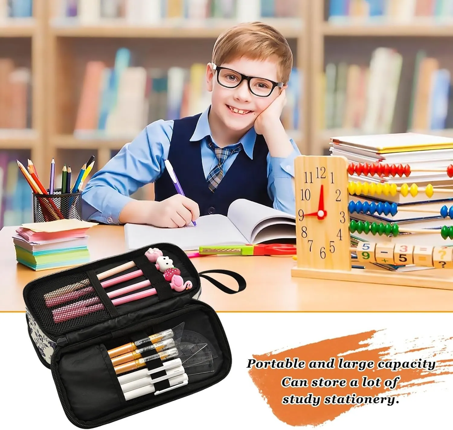 Goth Bat Flowers Large Capacity Pencil Case Pencil Pouch Office School Large Storage Pen Bag 3 Compartment pencil box for Adults School Teen Girl Boy Men Women