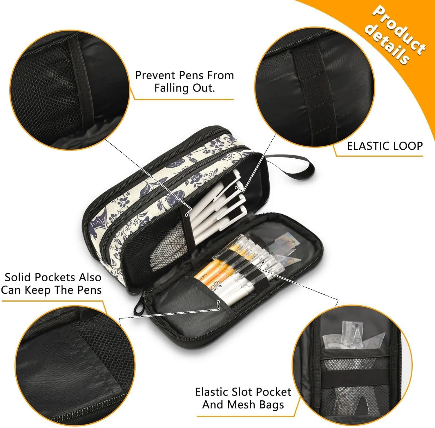 Goth Bat Flowers Large Capacity Pencil Case Pencil Pouch Office School Large Storage Pen Bag 3 Compartment pencil box for Adults School Teen Girl Boy Men Women