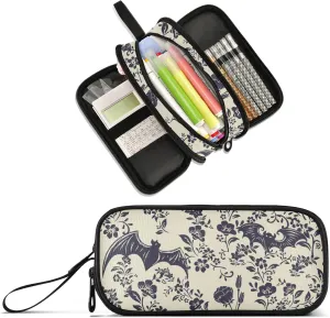 Goth Bat Flowers Large Capacity Pencil Case Pencil Pouch Office School Large Storage Pen Bag 3 Compartment pencil box for Adults School Teen Girl Boy Men Women