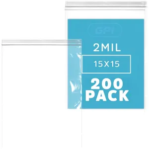 GPI - 15" X 15", 200 Count, Clear Plastic Reclosable Zip bags, Large, Bulk 2 Mil Thick Strong & Durable Poly Baggies with Resealable Zip Top Lock for Travel, Storage, Packaging & Shipping.