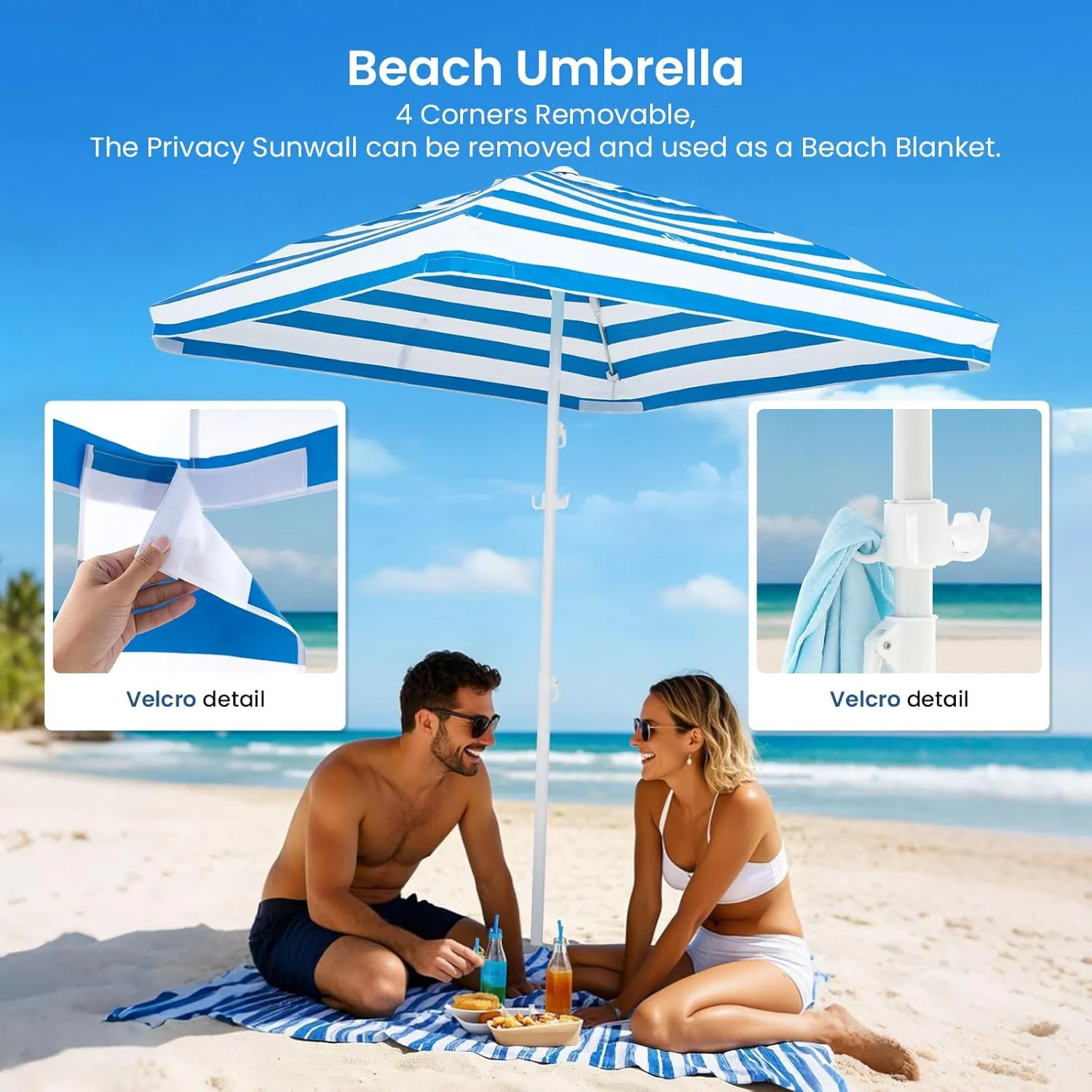 Grandekor 6'x6' UPF 50  UV Protection Beach Cabana Canopy Portable Instant Setup with Sand Anchors Hanging Hooks Sidewalls Family Beach Outings Outdoor Shade Shelter Windproof Sand Pockets