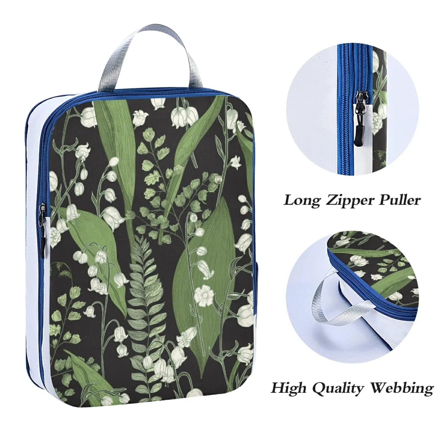 Green White Color Lily of the Valley with Ferns Leaves on Black 3 Piece set Cubes Expandable Adjustable Luggage Packing Bags, Ultralight Organizer Accessories Travel Suitcase Compressible Bags