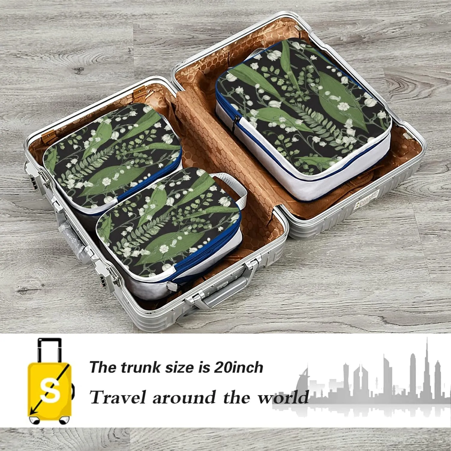 Green White Color Lily of the Valley with Ferns Leaves on Black 3 Piece set Cubes Expandable Adjustable Luggage Packing Bags, Ultralight Organizer Accessories Travel Suitcase Compressible Bags