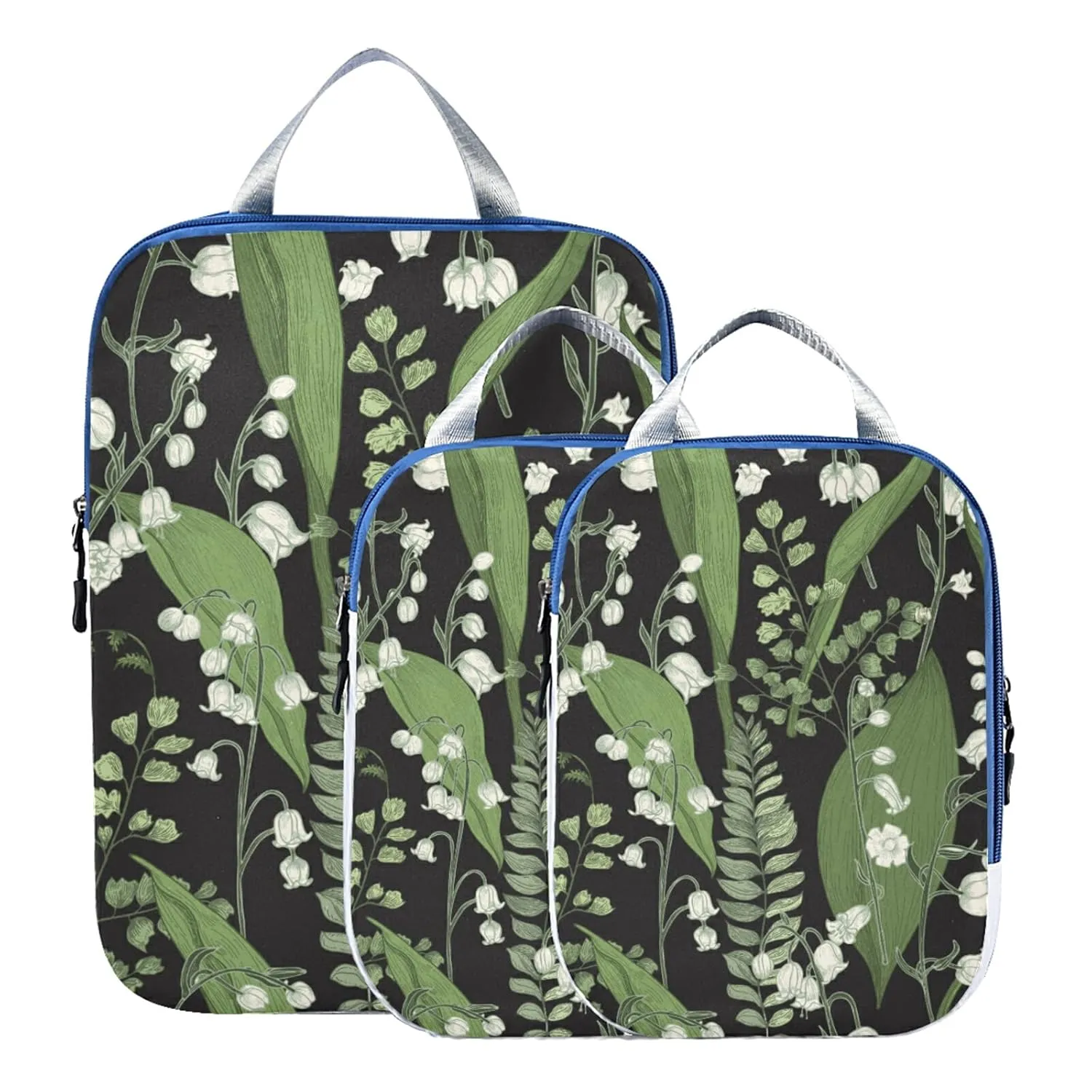 Green White Color Lily of the Valley with Ferns Leaves on Black 3 Piece set Cubes Expandable Adjustable Luggage Packing Bags, Ultralight Organizer Accessories Travel Suitcase Compressible Bags