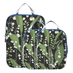 Green White Color Lily of the Valley with Ferns Leaves on Black 3 Piece set Cubes Expandable Adjustable Luggage Packing Bags, Ultralight Organizer Accessories Travel Suitcase Compressible Bags