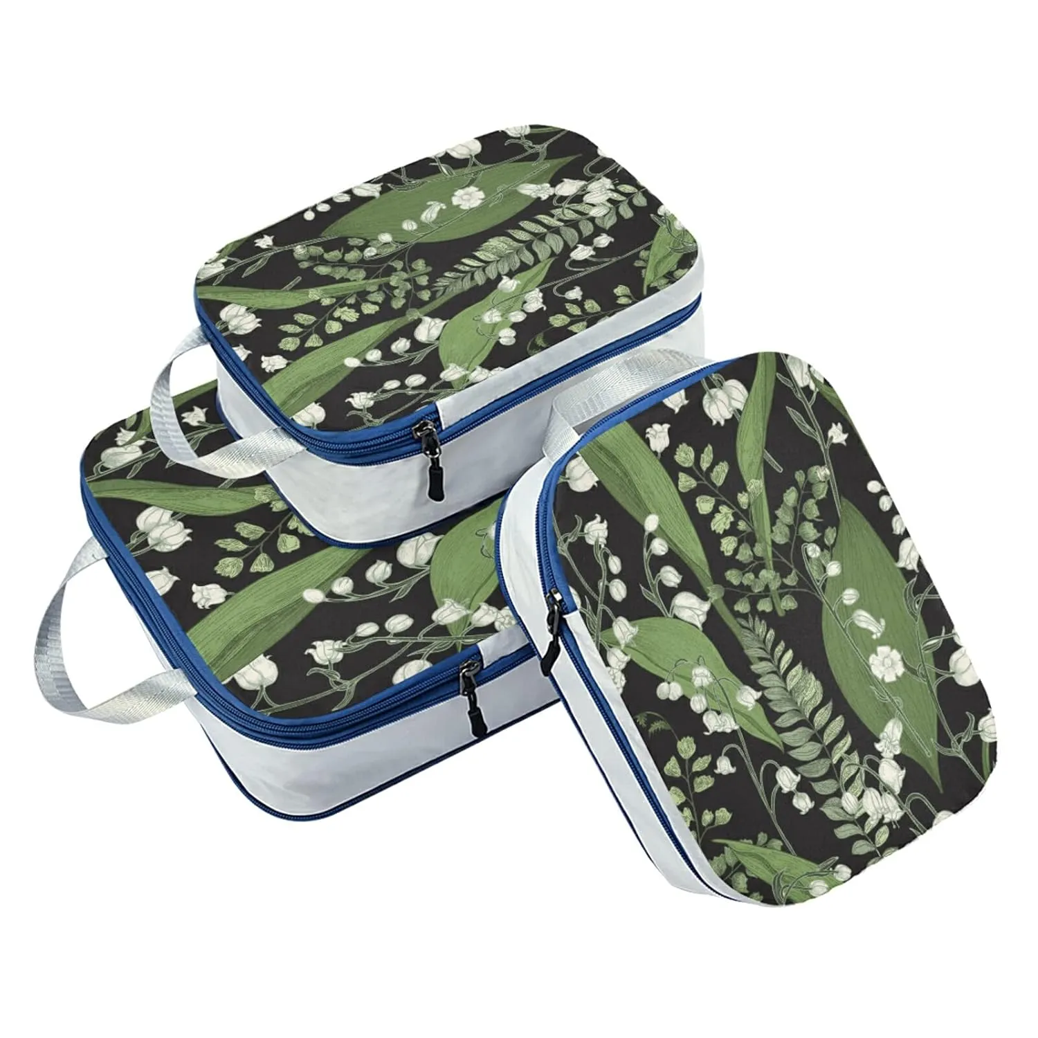 Green White Color Lily of the Valley with Ferns Leaves on Black 3 Piece set Cubes Expandable Adjustable Luggage Packing Bags, Ultralight Organizer Accessories Travel Suitcase Compressible Bags