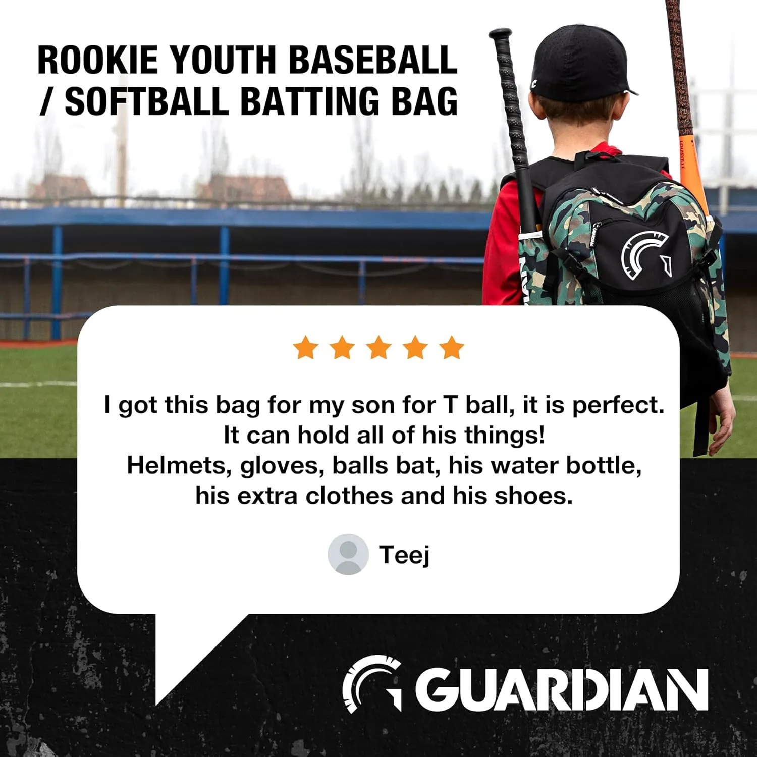 Guardian Baseball Backpack for Youth, Softball Bag for Girls, Durable Bat Bags Baseball Youth Boys and Girls, TBall Bag – Includes Hook to Hang on Fence