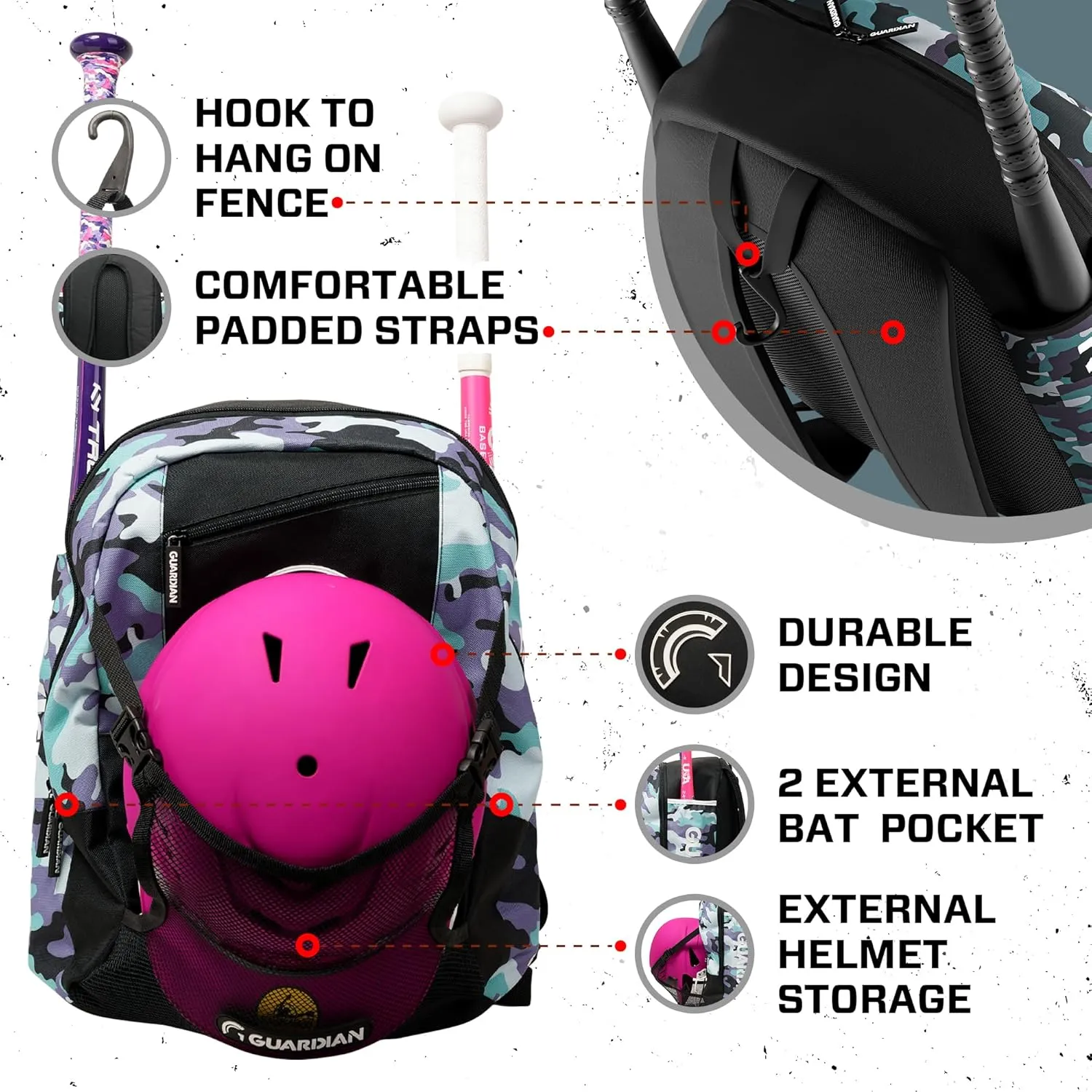 Guardian Baseball Backpack for Youth, Softball Bag for Girls, Durable Bat Bags Baseball Youth Boys and Girls, TBall Bag – Includes Hook to Hang on Fence