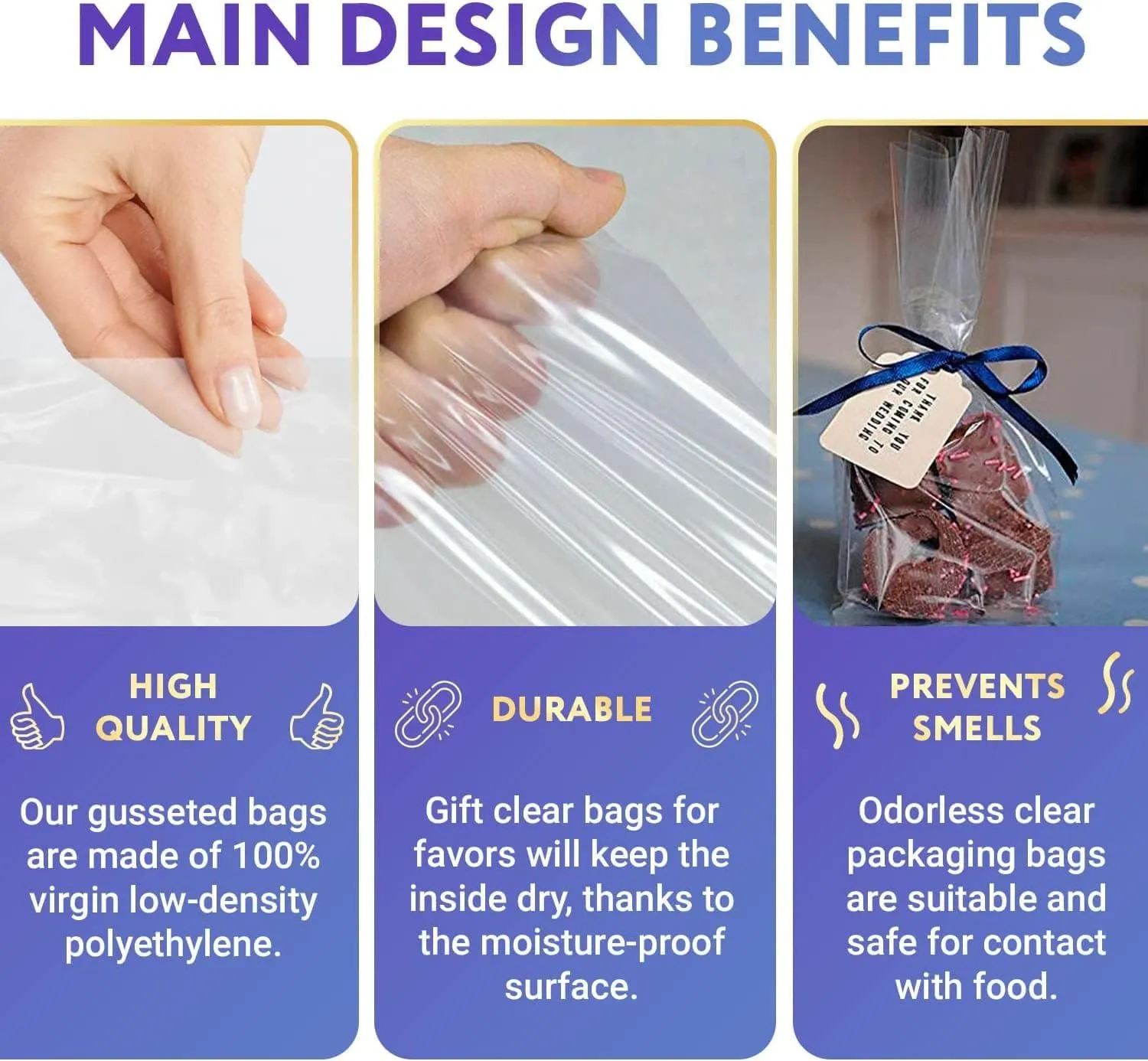 Gusseted Plastic Poly Bag - 5.5x4.75x15 (100 Bags) 1Mil | Heat Sealable | Durable Open Top Clear Plastic Bags for Party Favor, Cookie, Candy, Small Gift Wrapping, Dessert