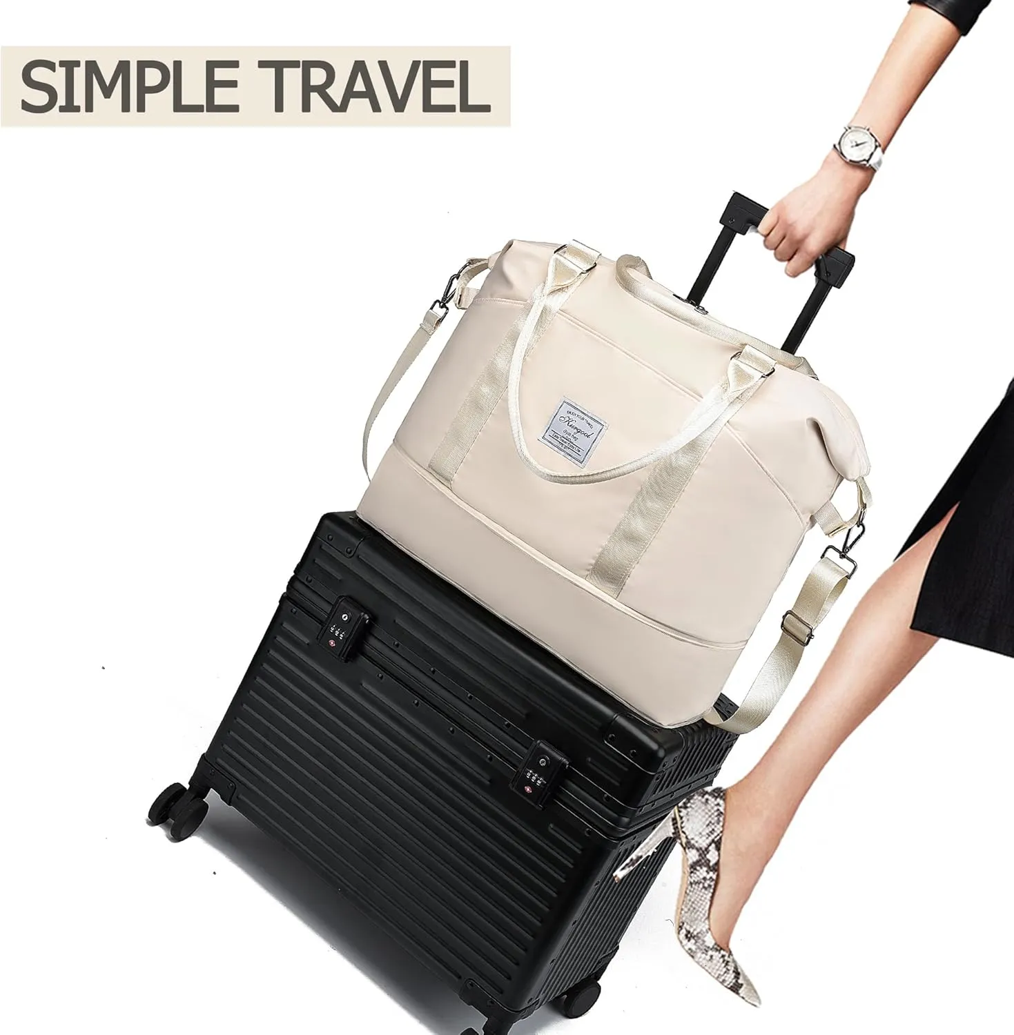 Gym Bag with Wet Pocket, Foldable Travel Duffle Bag Carry On Weekender Bags for Women, Waterproof Overnight Bag for Travel, Gym, Yoga