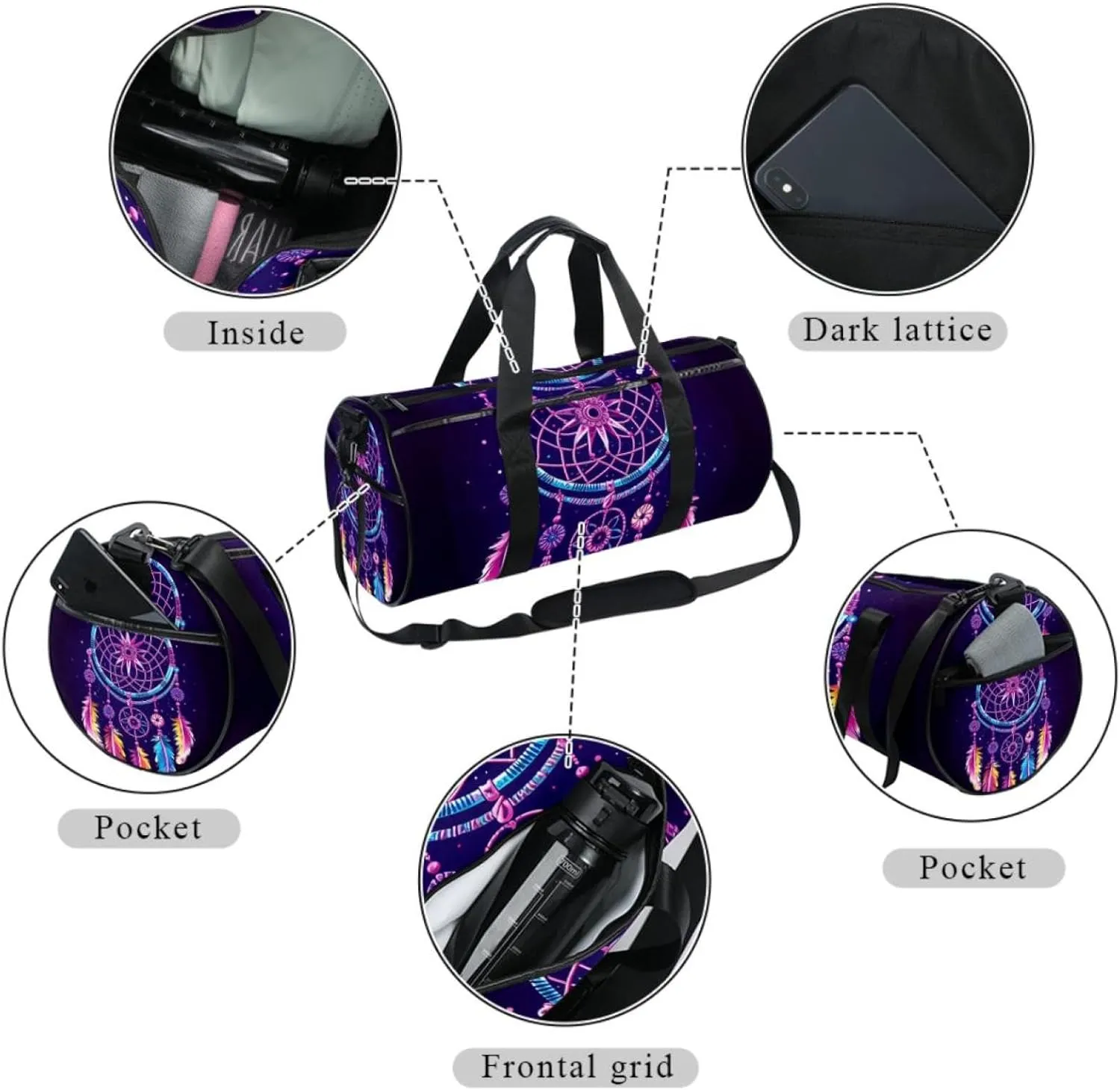 Gym Bags for Men,Travel Duffel Bags for Women,Ethnic Style Dream Catcher Feathers,Workout Bag