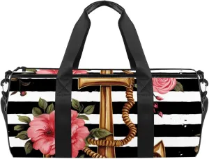 Gym Bags for Women,Duffle Bag for Travel,Anchor Flower Black and White Stripes,Gym Bag for Men