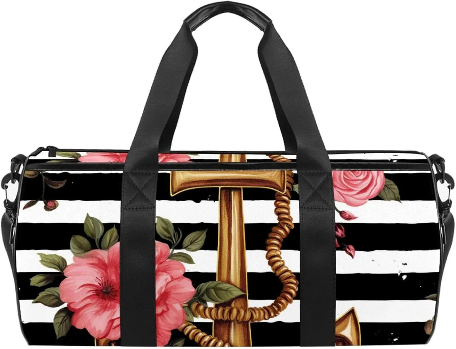 Gym Bags for Women,Duffle Bag for Travel,Anchor Flower Black and White Stripes,Gym Bag for Men