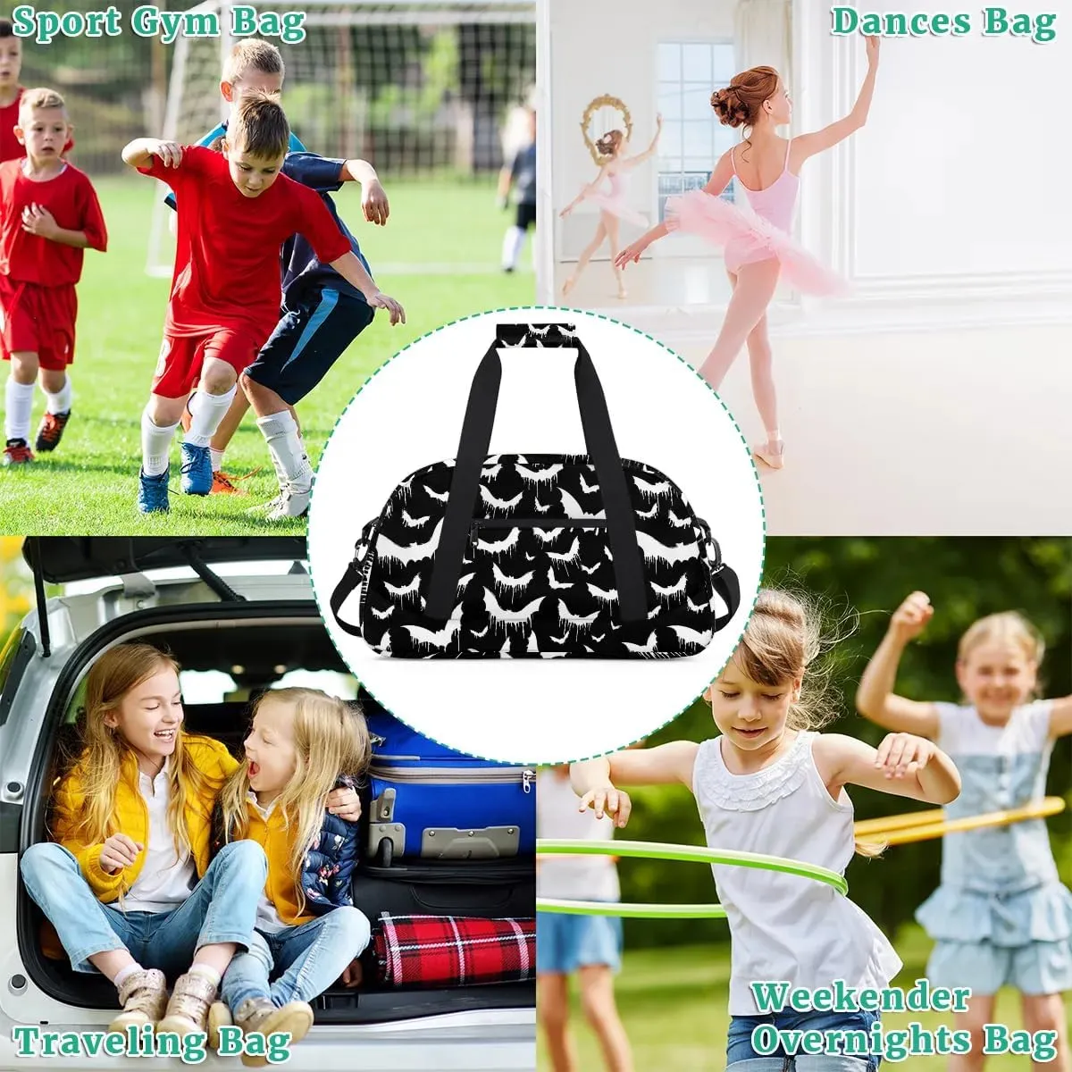 Halloween Bat Kids Overnighter Duffel Bags for Boys Girls, Carry-On Size Sports Gym Bag with Front Zipper Pocket for School Practice or Overnight Travel Weekender Sleepover Tote Bag