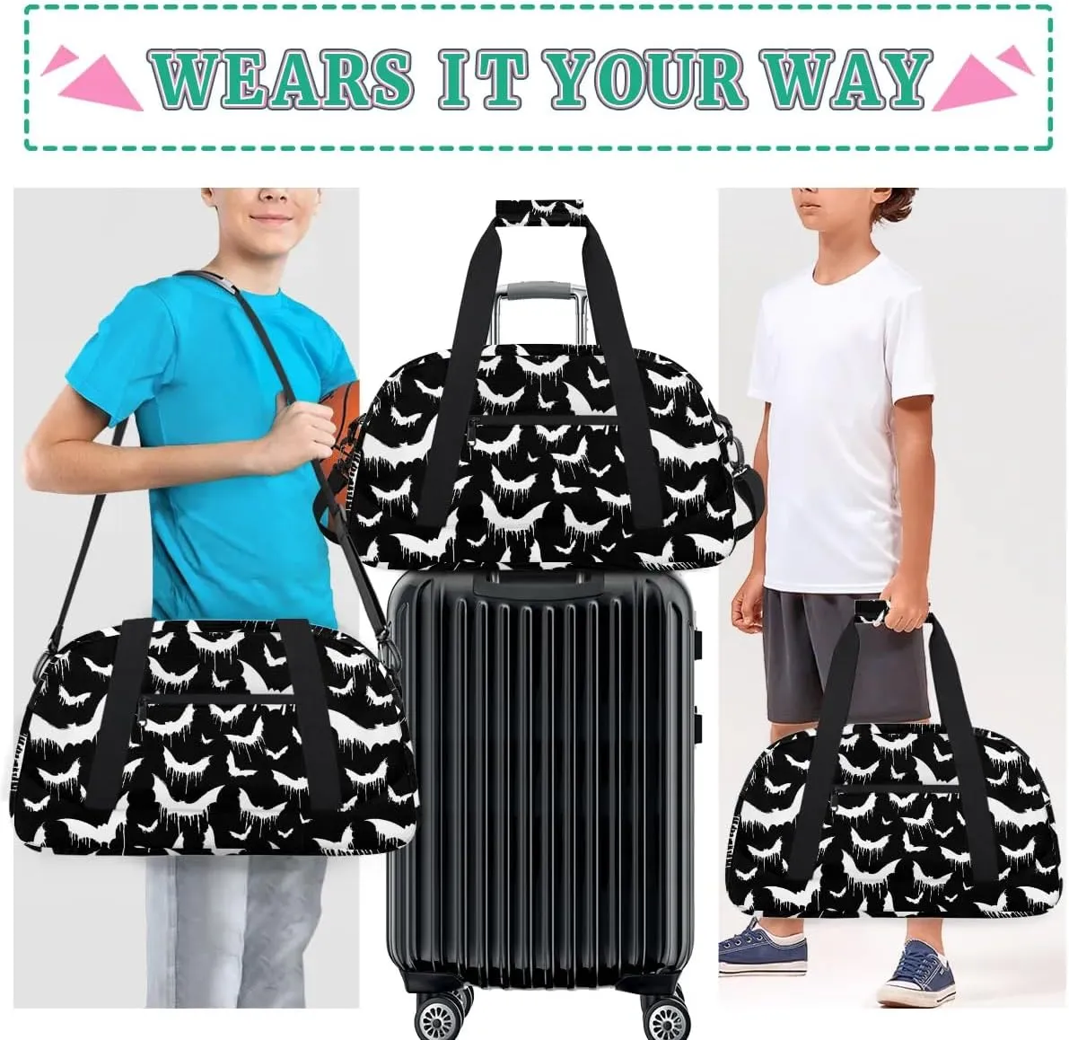 Halloween Bat Kids Overnighter Duffel Bags for Boys Girls, Carry-On Size Sports Gym Bag with Front Zipper Pocket for School Practice or Overnight Travel Weekender Sleepover Tote Bag