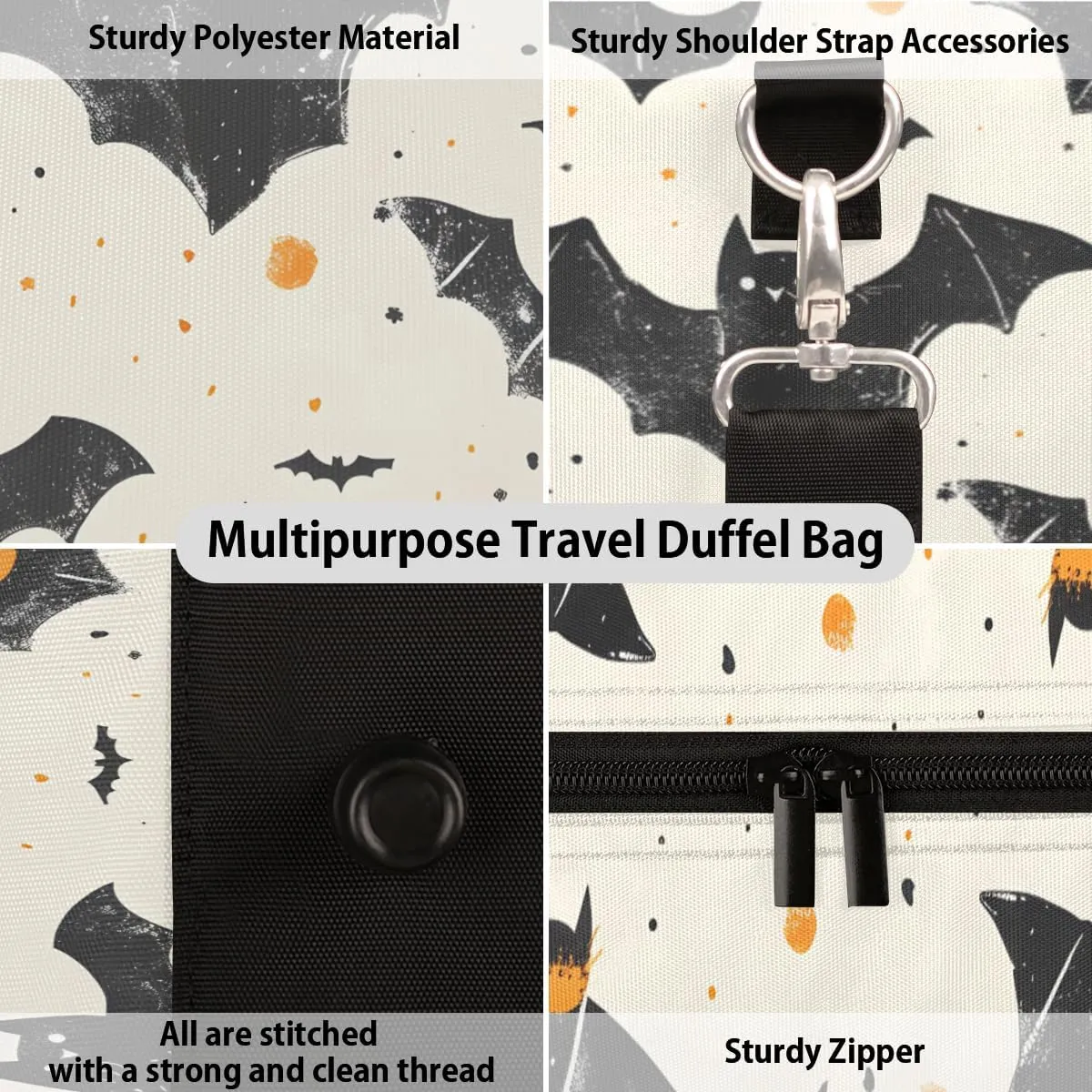 Halloween Bat Travel Duffle Bag for Women Men Gym Duffel Foldable Bag Waterproof Weekender Scary Black Duffle Tote