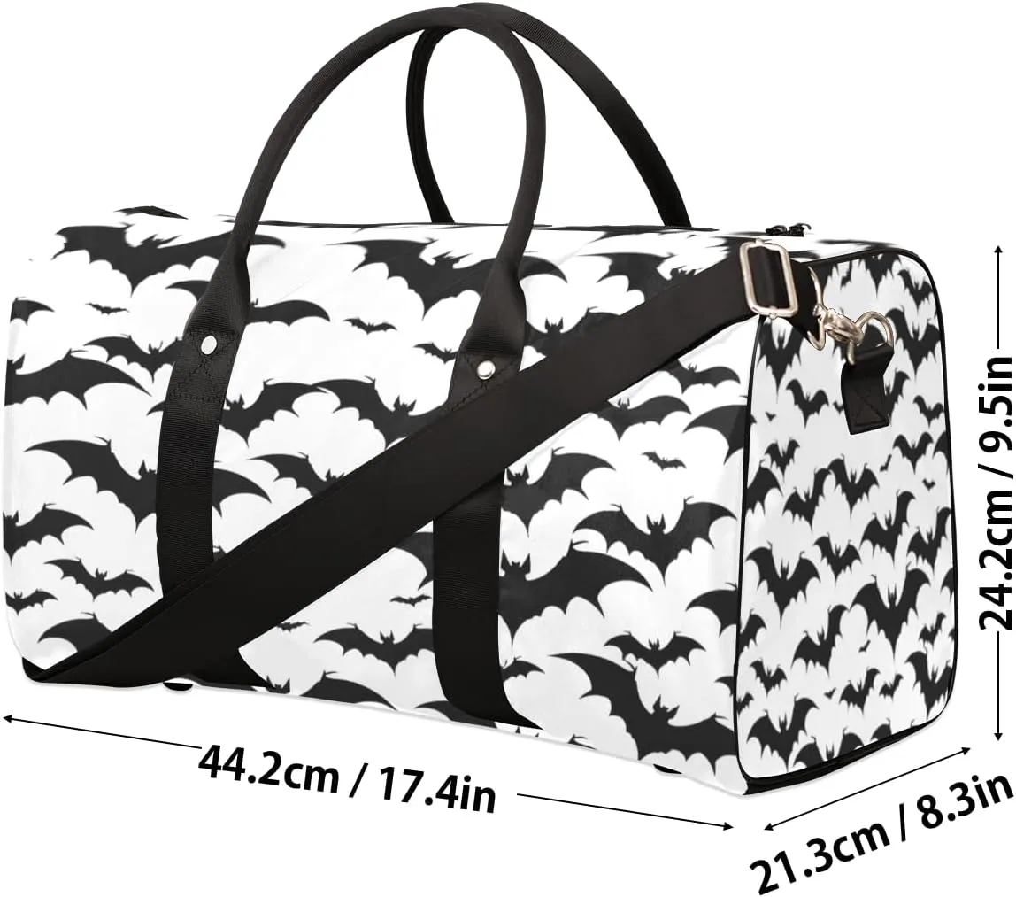 Halloween Bat Travel Duffle Bag, Sports Gym Bags for Women Men, Carry On Weekender Overnight Bag, Black and White Bat Workout Hospital Airplane Trips Bag
