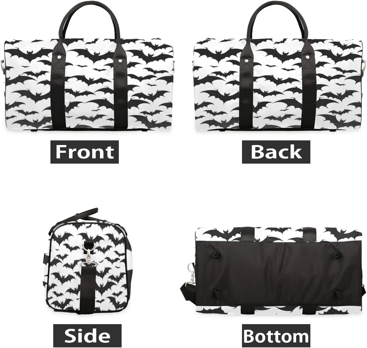 Halloween Bat Travel Duffle Bag, Sports Gym Bags for Women Men, Carry On Weekender Overnight Bag, Black and White Bat Workout Hospital Airplane Trips Bag