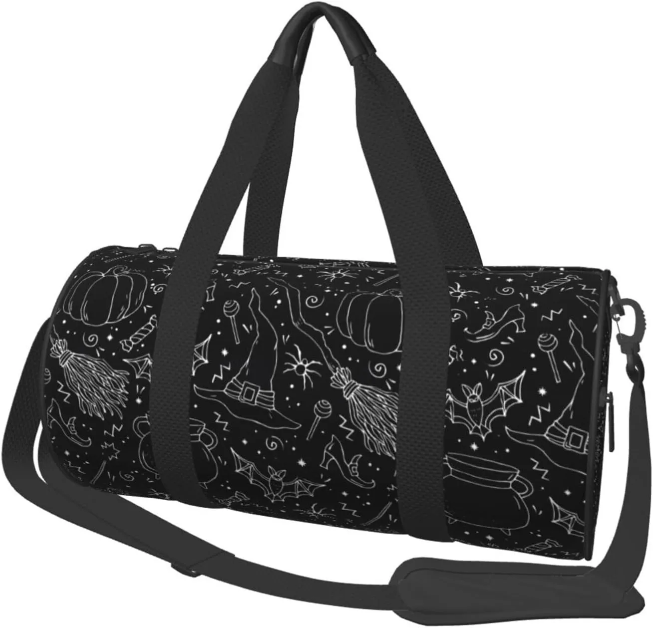 Halloween Bat Witch Hat Broom Pumpkin Round Travel Duffel Bag Large Capacity Gym Sports Bags for Hiking Vacation Trips