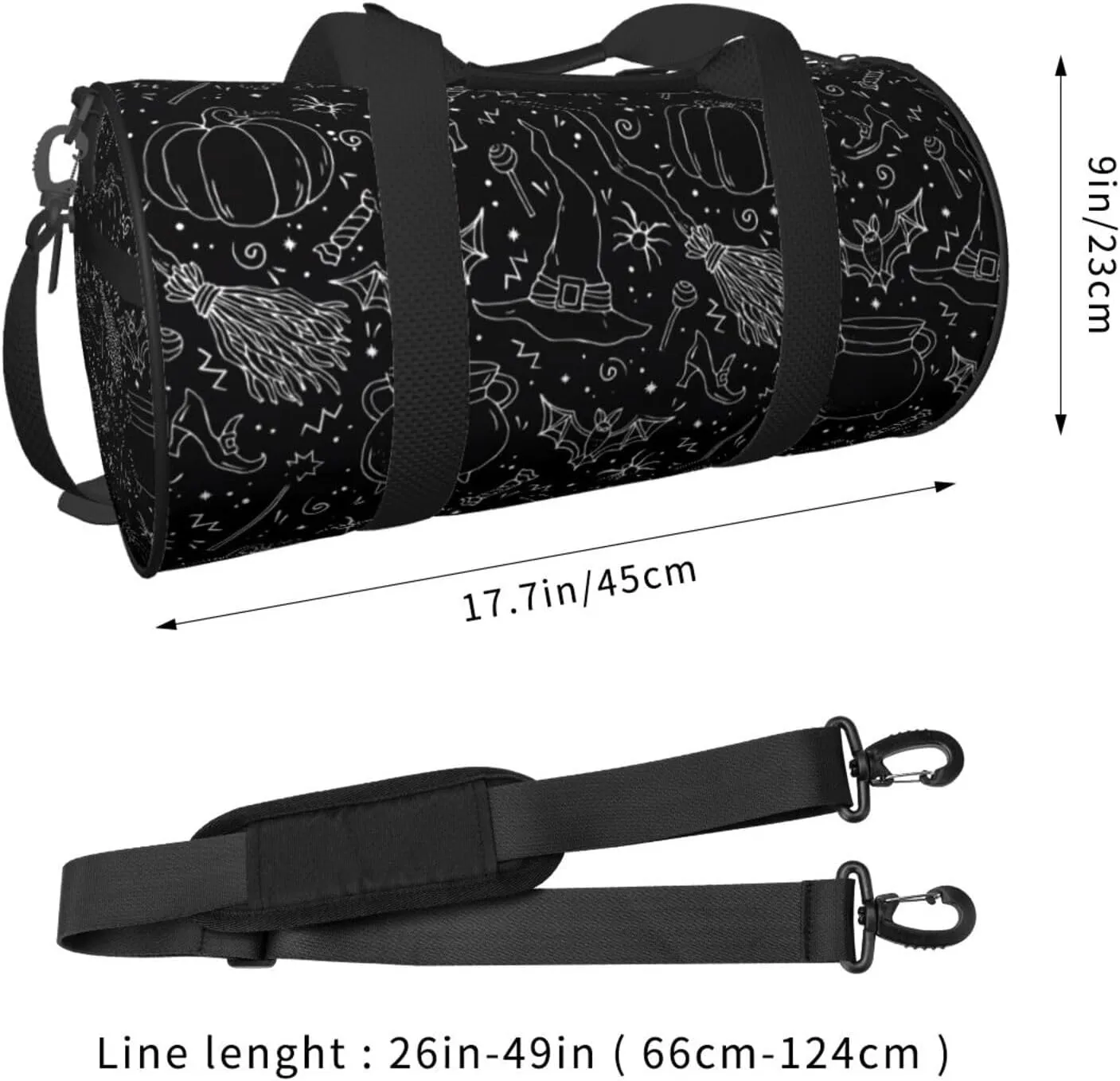 Halloween Bat Witch Hat Broom Pumpkin Round Travel Duffel Bag Large Capacity Gym Sports Bags for Hiking Vacation Trips