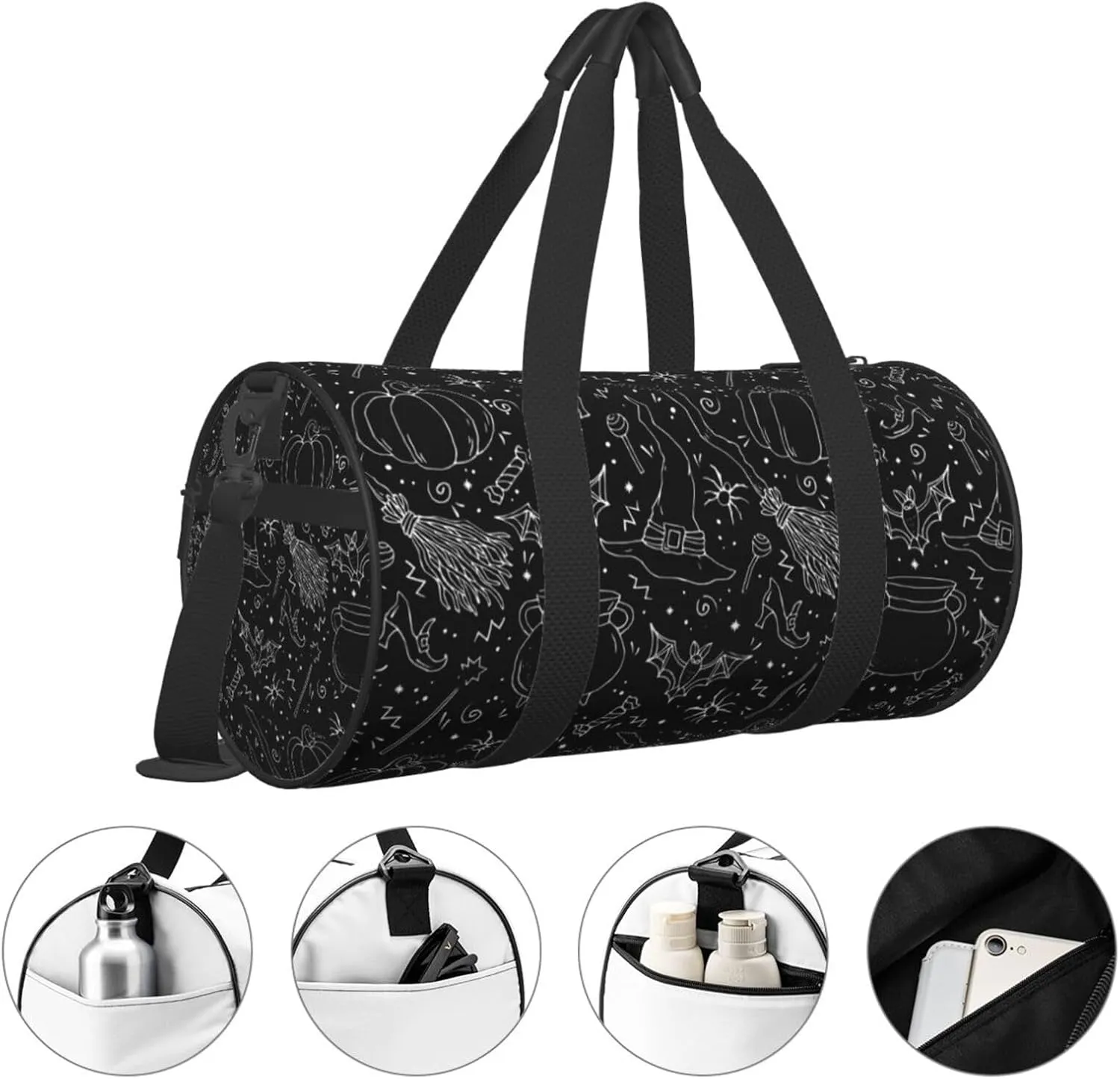 Halloween Bat Witch Hat Broom Pumpkin Round Travel Duffel Bag Large Capacity Gym Sports Bags for Hiking Vacation Trips