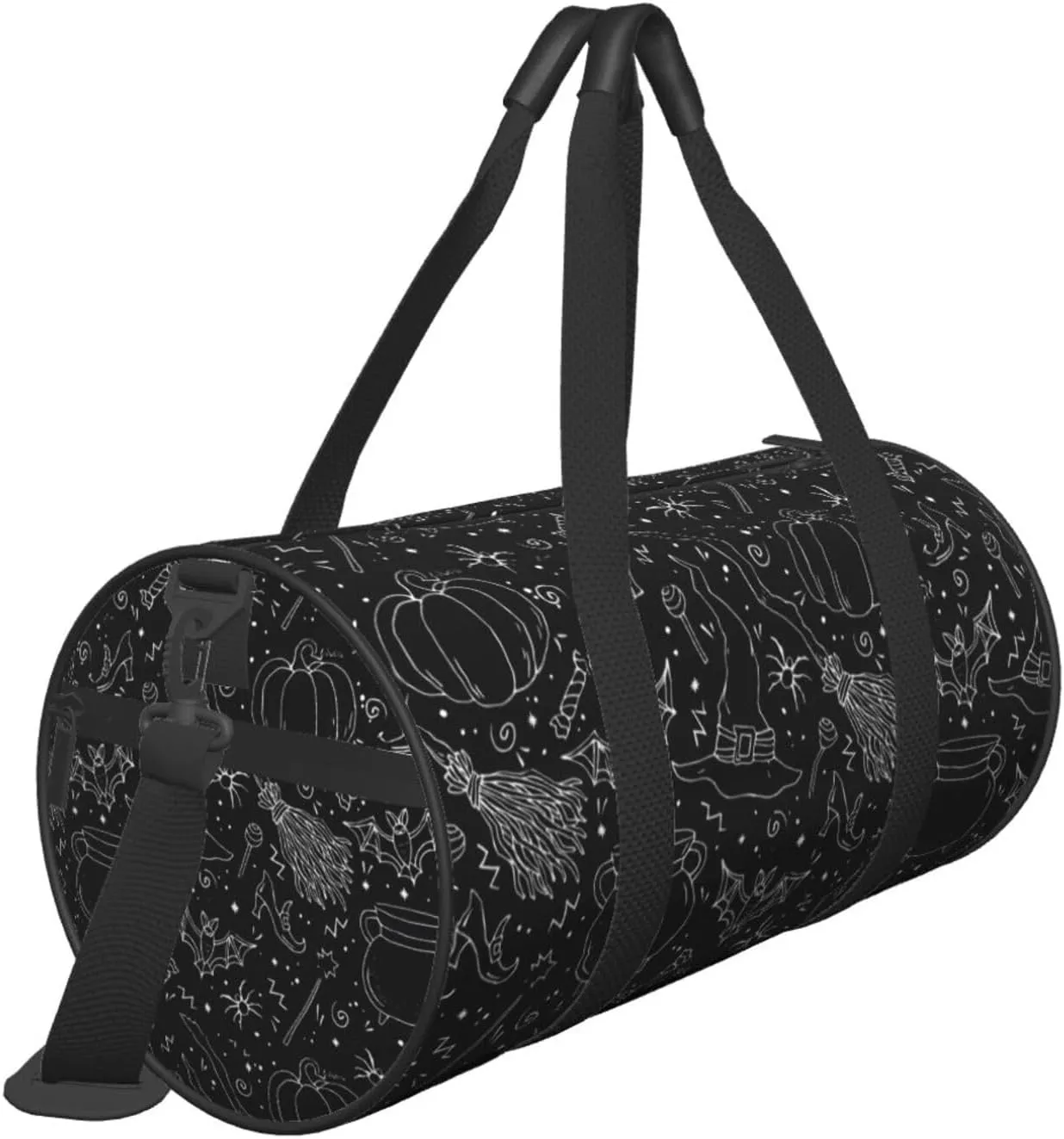 Halloween Bat Witch Hat Broom Pumpkin Round Travel Duffel Bag Large Capacity Gym Sports Bags for Hiking Vacation Trips