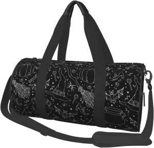 Halloween Bat Witch Hat Broom Pumpkin Round Travel Duffel Bag Large Capacity Gym Sports Bags for Hiking Vacation Trips