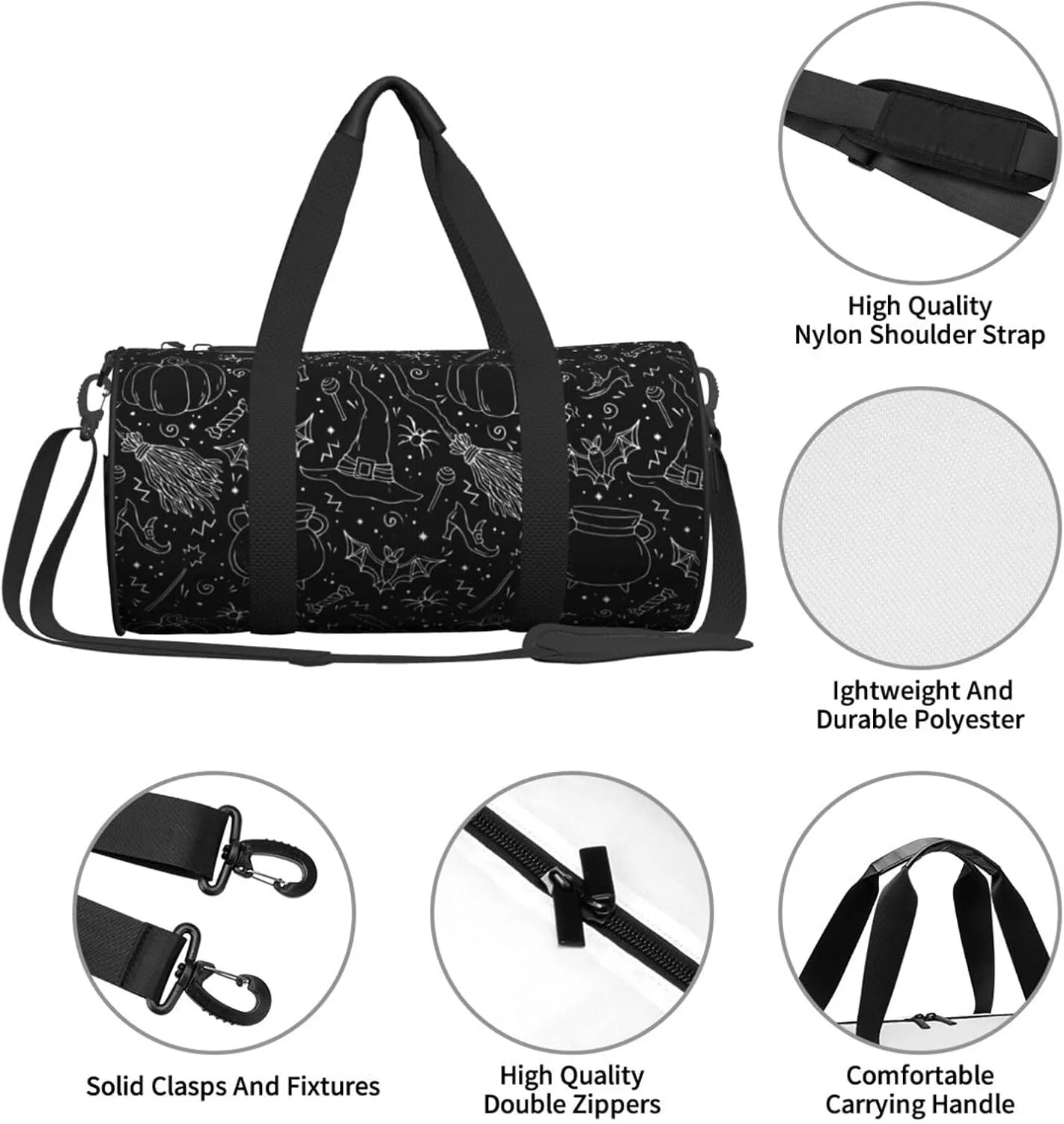 Halloween Bat Witch Hat Broom Pumpkin Round Travel Duffel Bag Large Capacity Gym Sports Bags for Hiking Vacation Trips