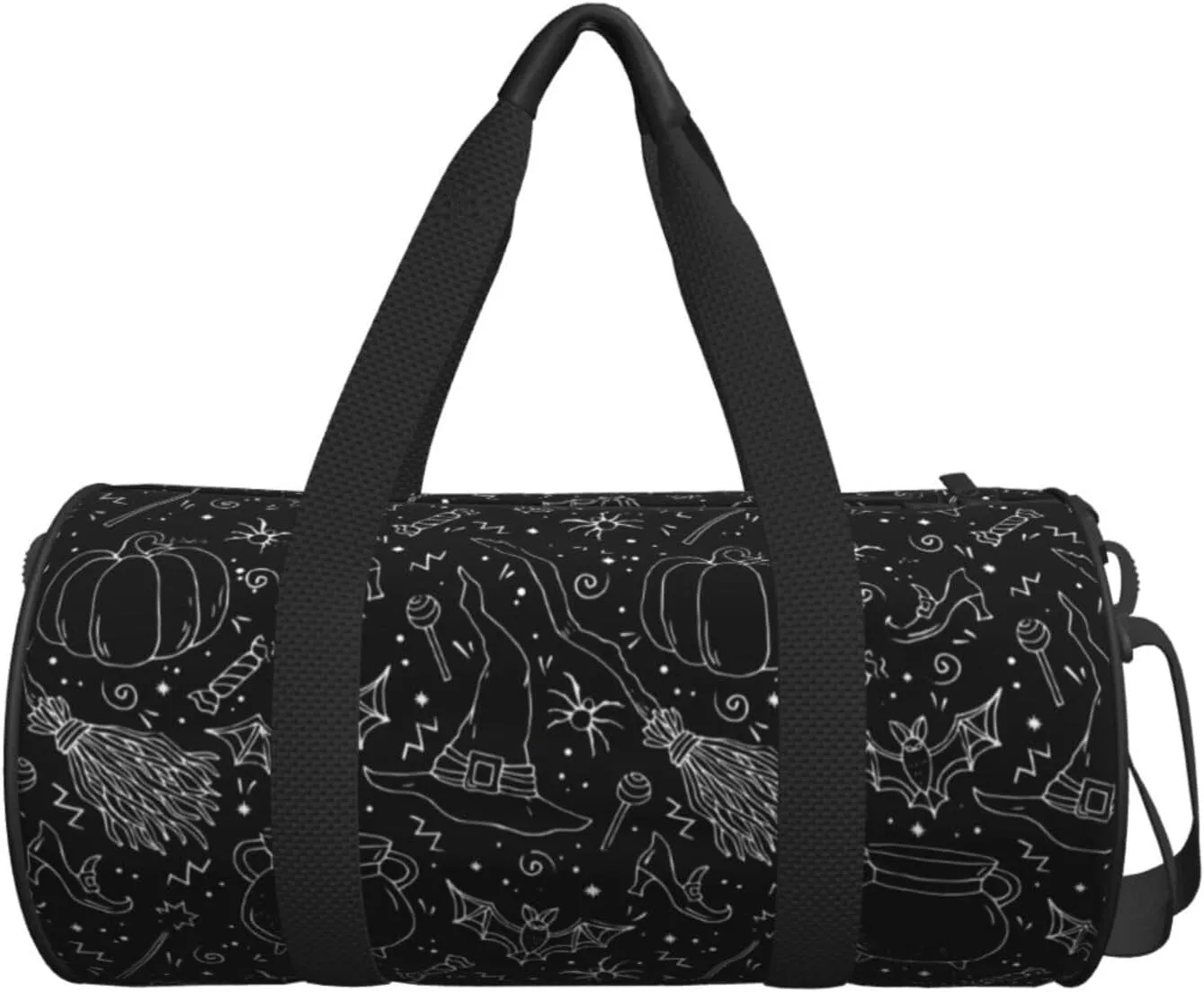 Halloween Bat Witch Hat Broom Pumpkin Round Travel Duffel Bag Large Capacity Gym Sports Bags for Hiking Vacation Trips