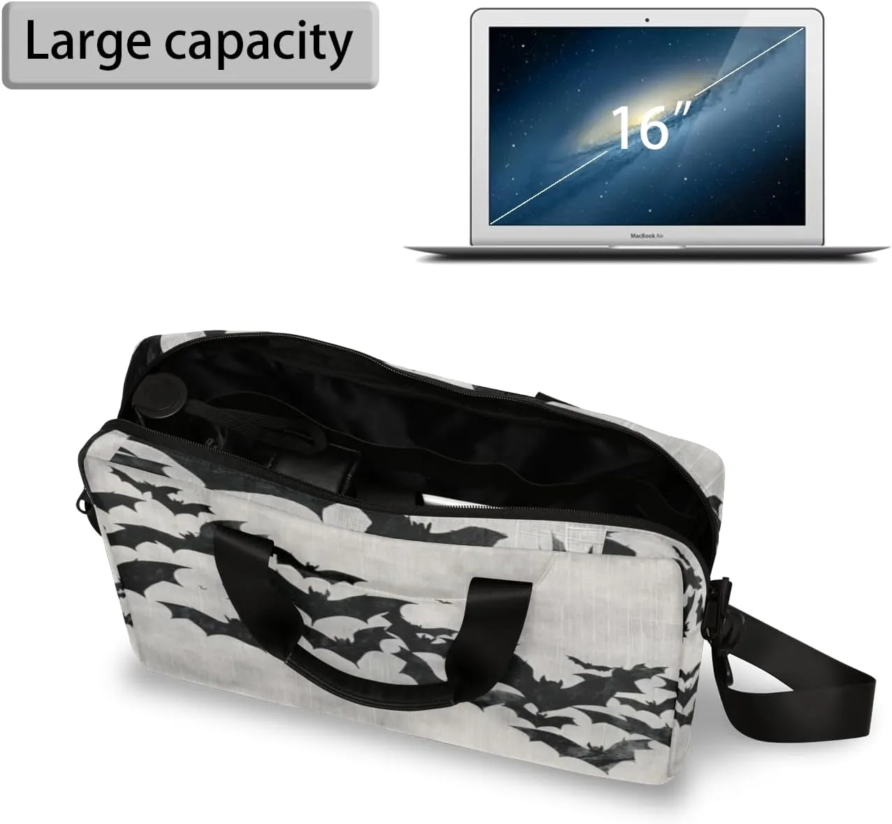 Halloween Black Bat Laptop Sleeve Case 14 15 15.6 inch, Halloween Black Bat Laptop Briefcase Shoulder Bag Waterproof Travel Computer Cover Carrying Bags
