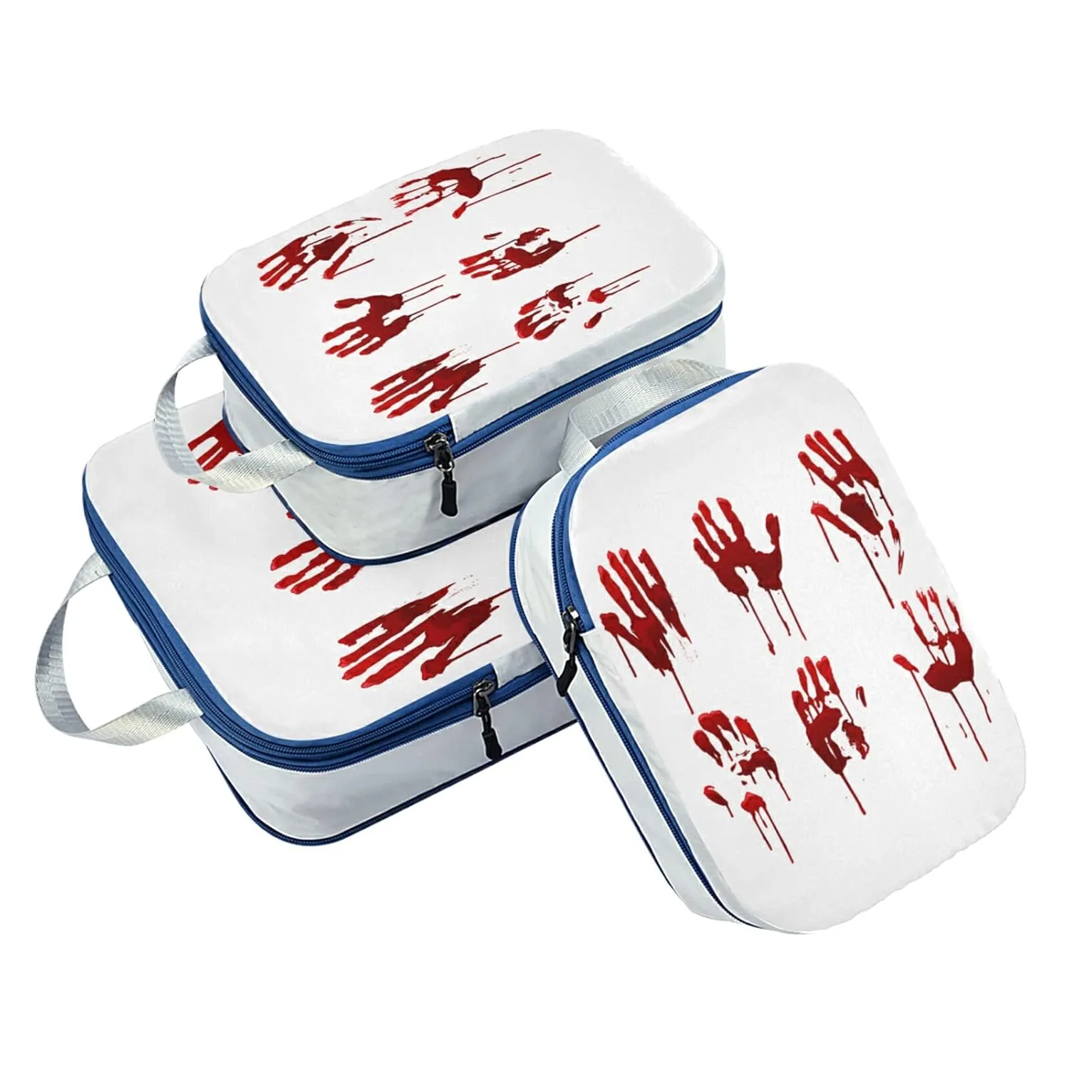 Halloween Bloody Hand Prints Set Horror and Dirty Bleeding Red Palm 3 Piece set Cubes Expandable Adjustable Luggage Packing Bags, Ultralight Organizer Accessories Travel Suitcase Compressible Bags
