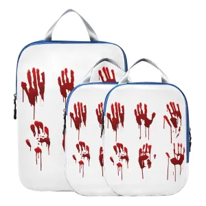 Halloween Bloody Hand Prints Set Horror and Dirty Bleeding Red Palm 3 Piece set Cubes Expandable Adjustable Luggage Packing Bags, Ultralight Organizer Accessories Travel Suitcase Compressible Bags