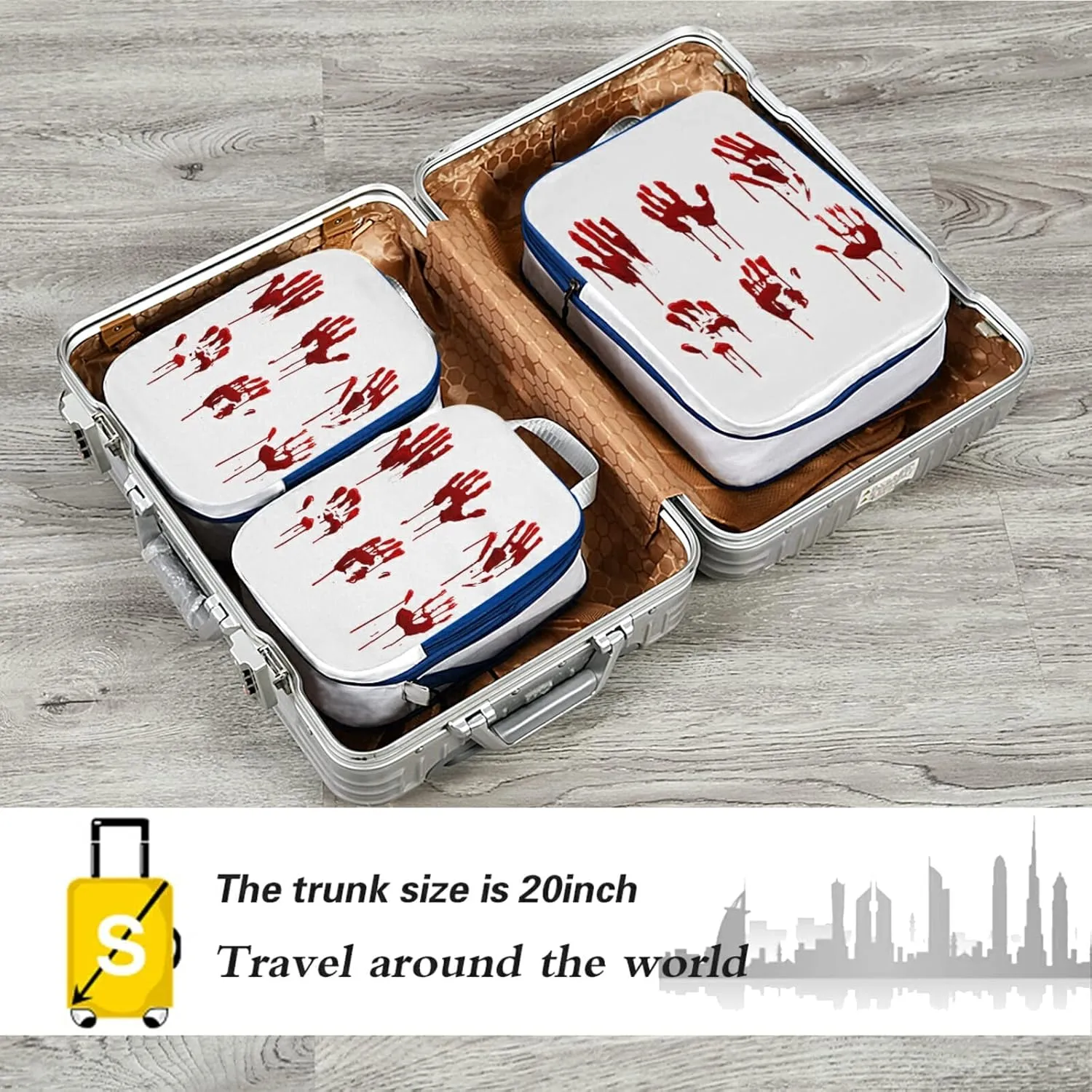 Halloween Bloody Hand Prints Set Horror and Dirty Bleeding Red Palm 3 Piece set Cubes Expandable Adjustable Luggage Packing Bags, Ultralight Organizer Accessories Travel Suitcase Compressible Bags