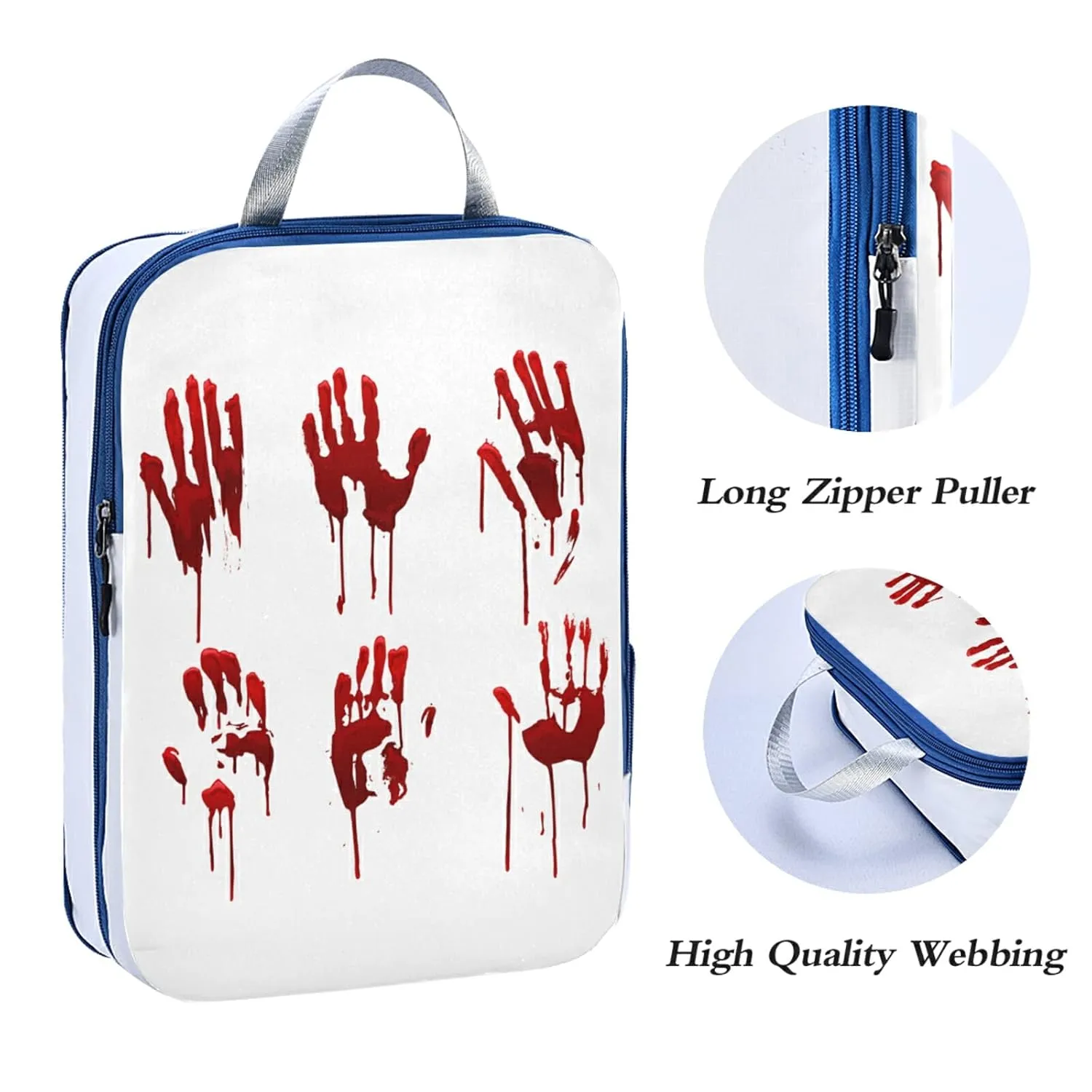 Halloween Bloody Hand Prints Set Horror and Dirty Bleeding Red Palm 3 Piece set Cubes Expandable Adjustable Luggage Packing Bags, Ultralight Organizer Accessories Travel Suitcase Compressible Bags
