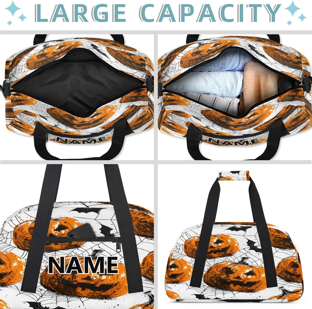 Halloween Mini Gym Bag 18 inch for Women Men Waterproof Custom Pumpkin Bat Spiders Web Travel Duffel Bag Carry On Overnight Tote Nurse Bag for Work Fitness Hiking