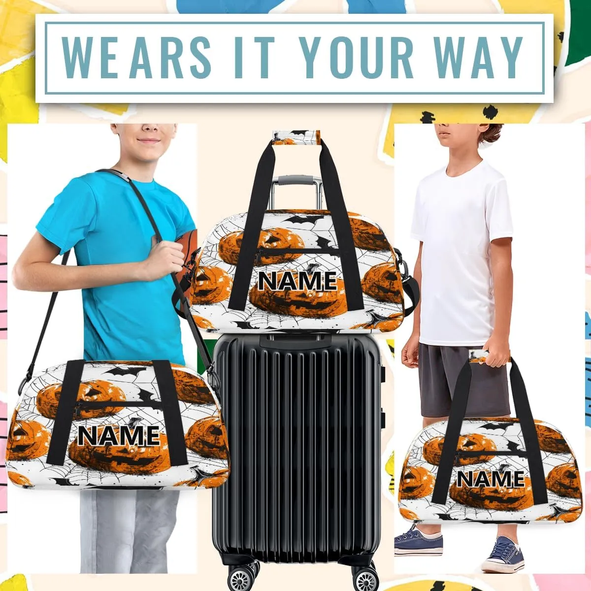 Halloween Mini Gym Bag 18 inch for Women Men Waterproof Custom Pumpkin Bat Spiders Web Travel Duffel Bag Carry On Overnight Tote Nurse Bag for Work Fitness Hiking